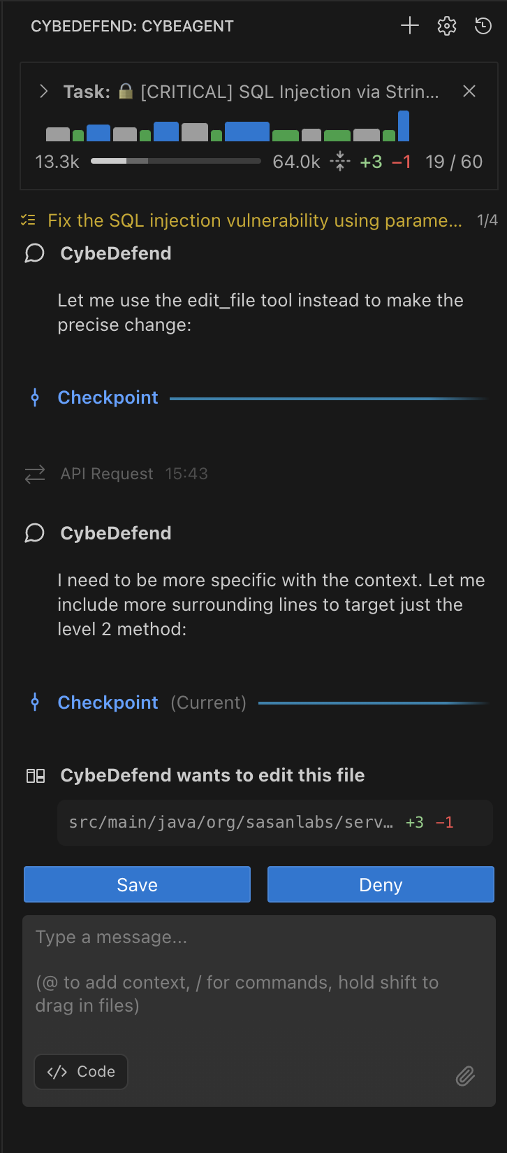 CybeAgent analyzing a SQL injection and proposing a parameterized query fix
