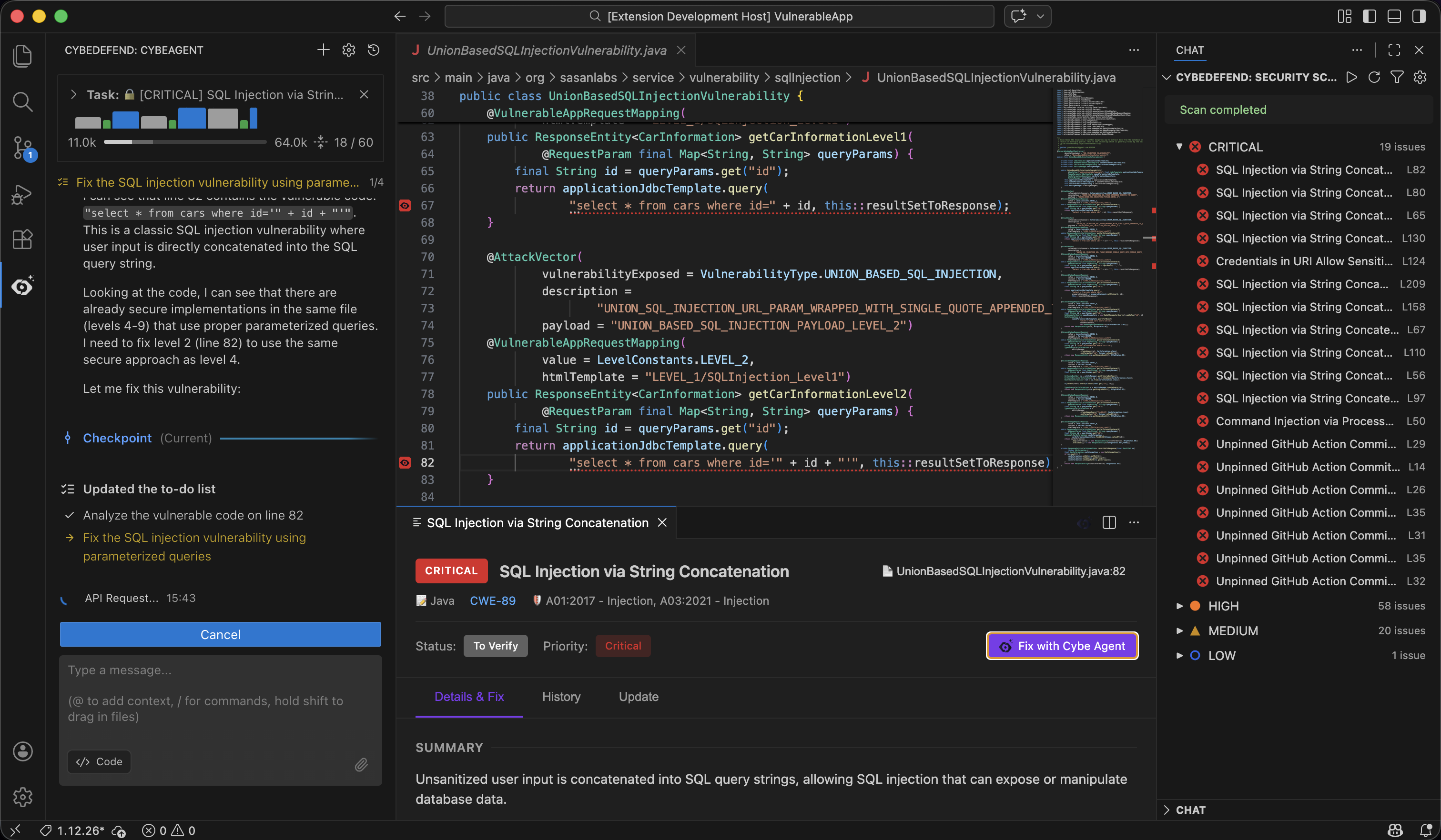 CybeDefend — scan results, vulnerability details, and AI fix in a single view