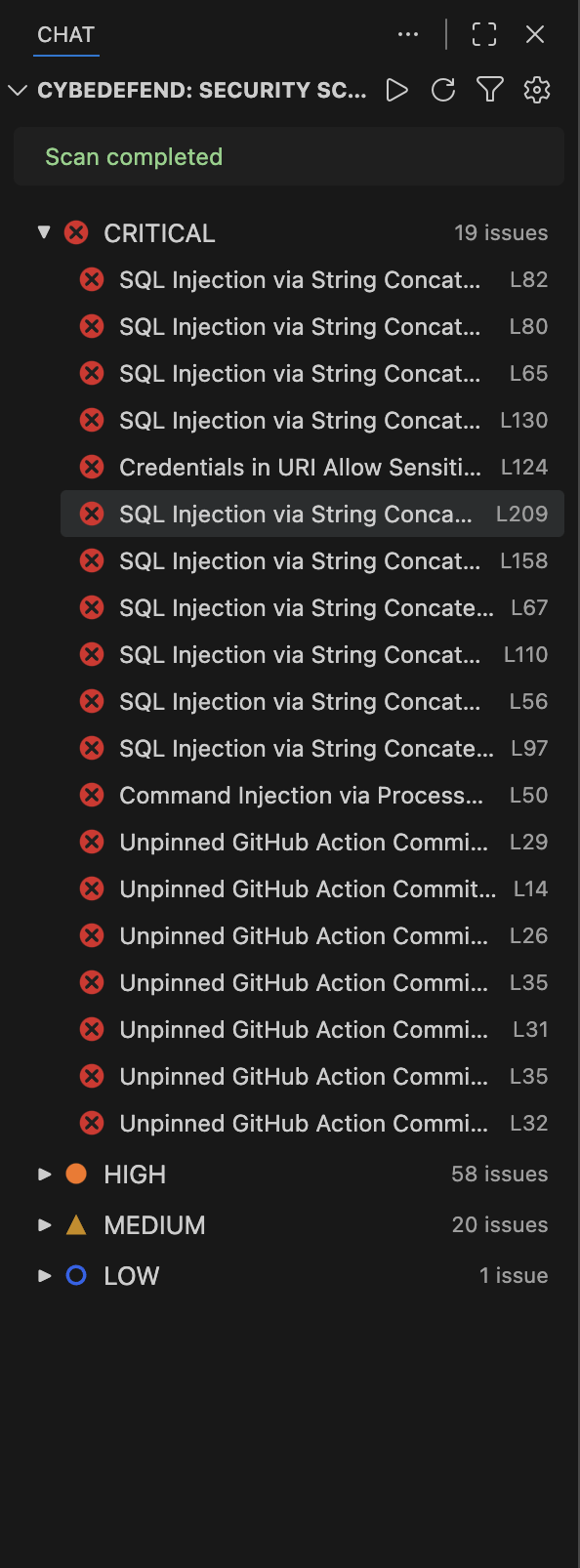 Security scan results grouped by severity