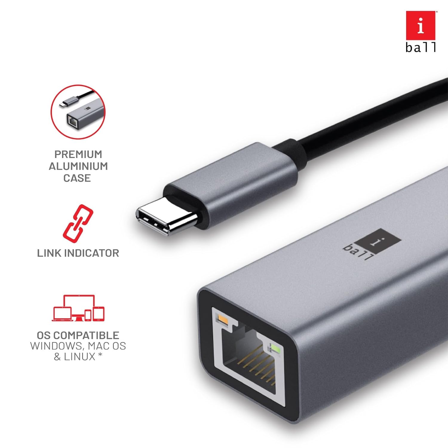 iBall Bridge 1000C Type-C to Gigabit Adapter, USB Type-C 3.1 Port, 1000 Mbps Ethernet Speed, Aluminium case, LED Indicator