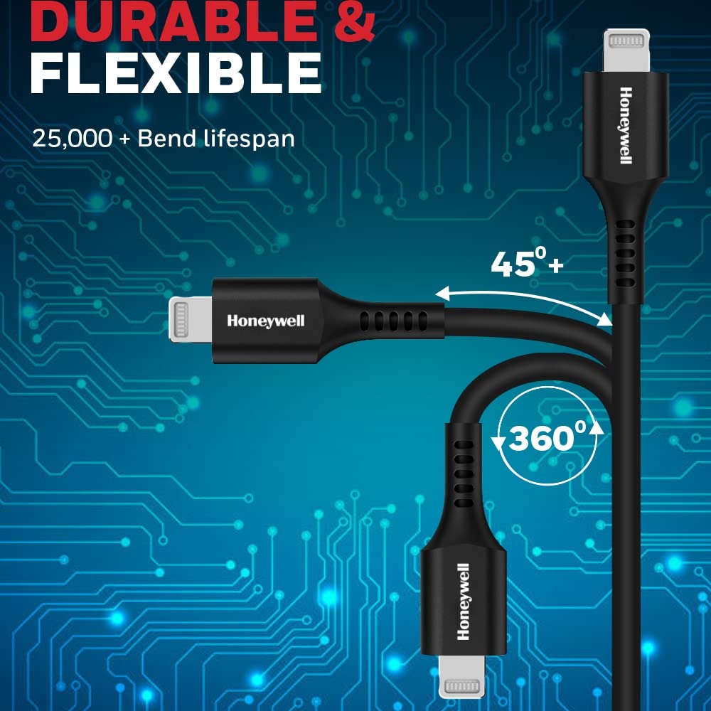 Honeywell USB to iPhone (MFI) Lightning Silicone cable, 6 Feet (1.8M), QC 3.0, 2.4A Max Output, Fast Charge & Sync Cable for iPhone,iPad, Airpods, iPod - Black