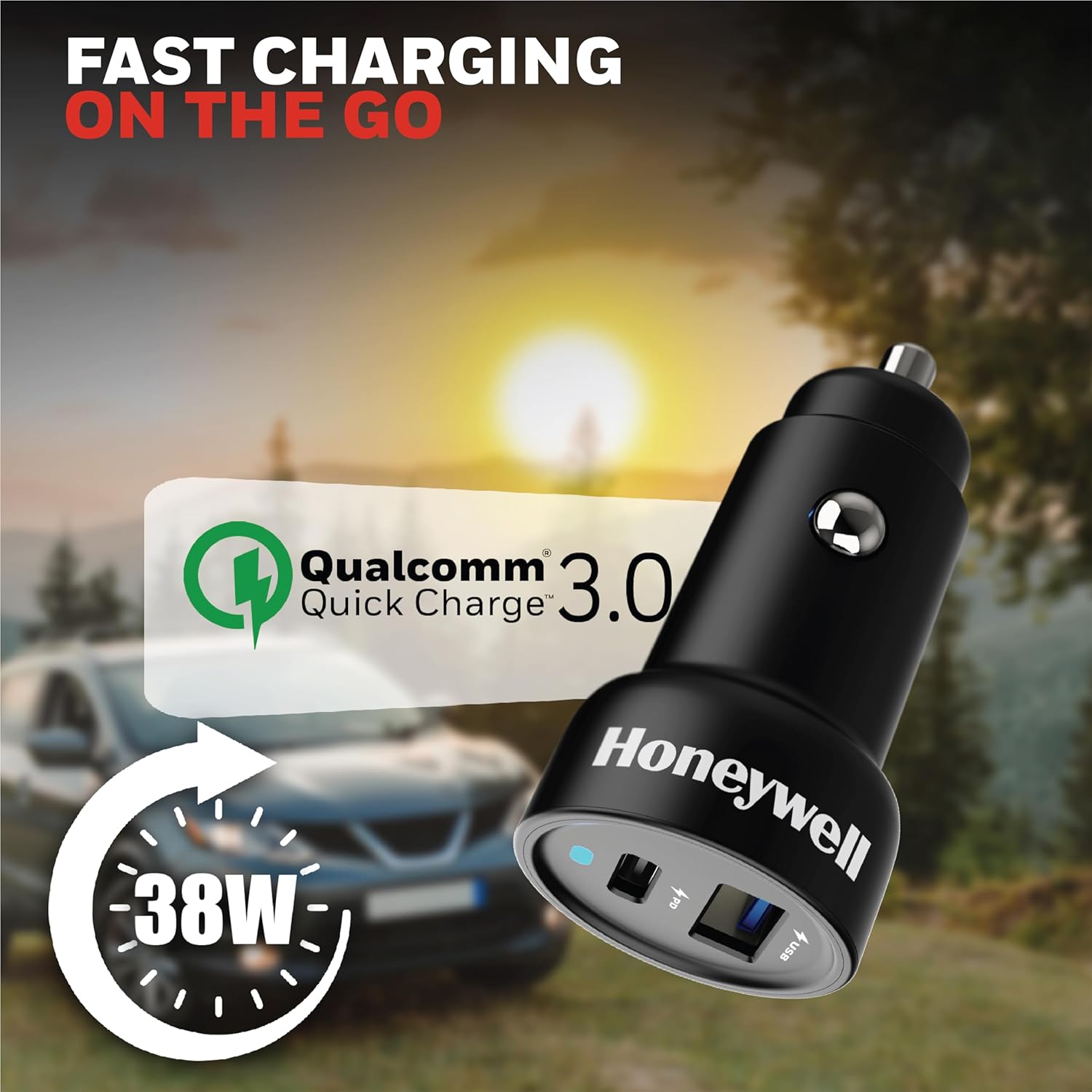 Honeywell Micro CLA 38W PD Smart Car Charger, 1XType C & 1XUSB A Dual Port Charger with Ultra-Fast Charging, Adapter for All Smartphones - Black