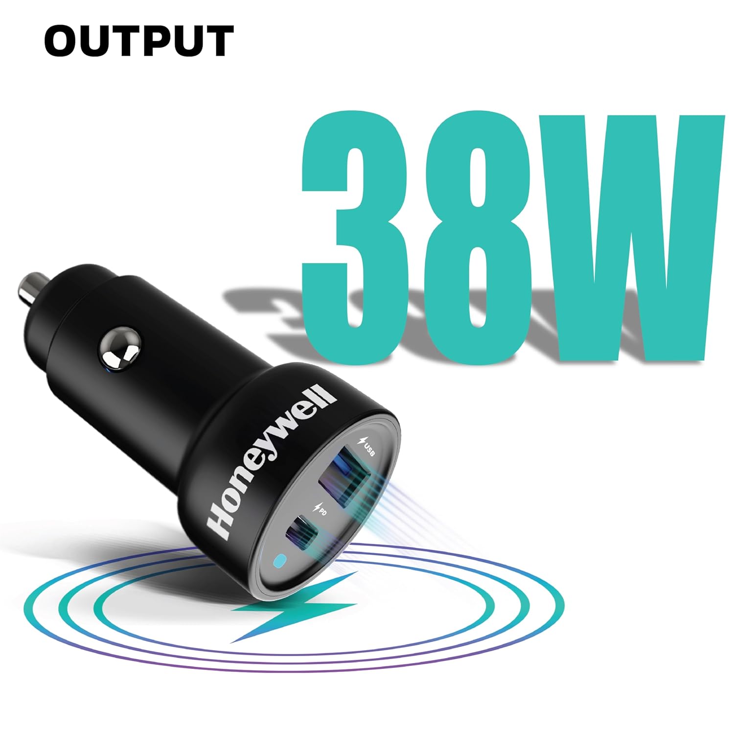 Honeywell Micro CLA 38W PD Smart Car Charger, 1XType C & 1XUSB A Dual Port Charger with Ultra-Fast Charging, Adapter for All Smartphones - Black