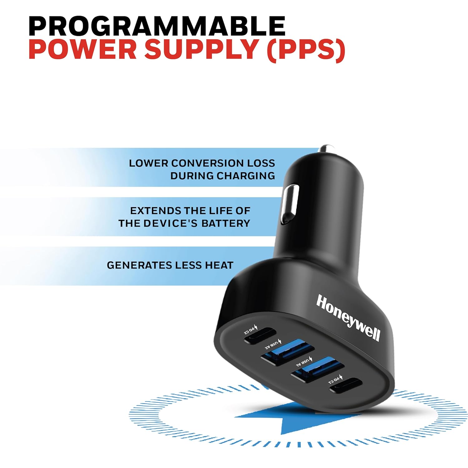 Honeywell Micro CLA 100W PD Smart Car Charger Adapter, 2xType C & 2xUSB A Port, Ultra-Fast Charging, Compatible with All Smartphones & Tablets- Black