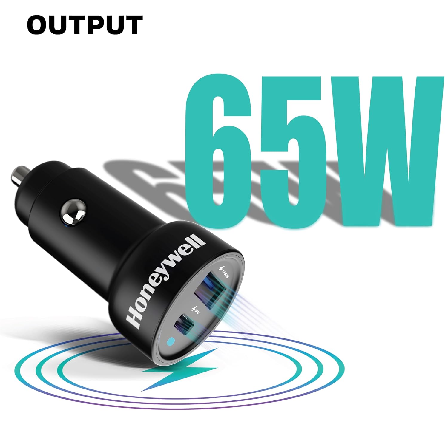 Honeywell Micro CLA 65W PD Smart Car Charger, Adapter for iPhone and Android, 1xType C & 1xUSB A Port, Ultra-Fast Charging, Compatible with All Smartphones & Tablets.