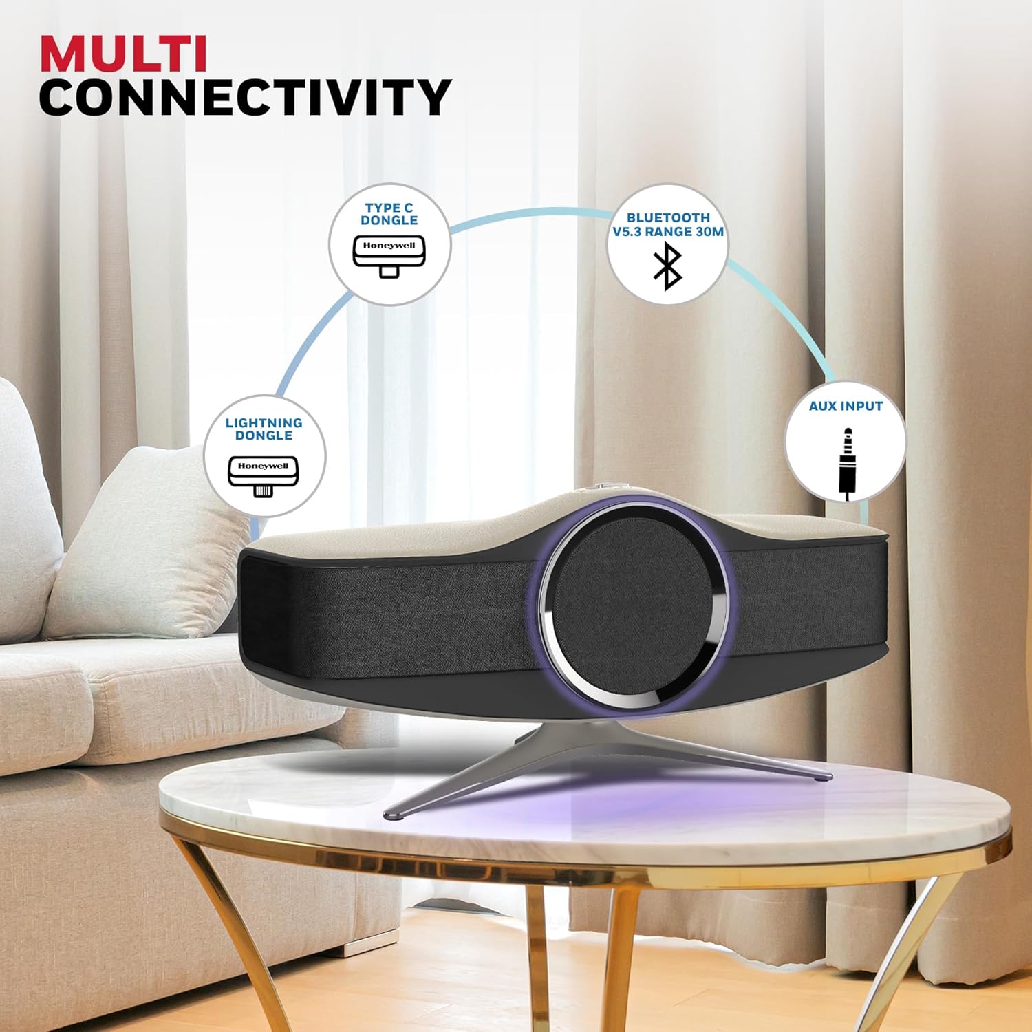 Honeywell Aviator Hi-Fi Speaker, 240W, 1MBPS+ audio codec, TypeC & Lightning Dongle, Ambient Light, Deep Bass, Bluetooth V5.3- 30m, 5 Amplification Channel, 3 Independent Sound Cavities- Dark Grey