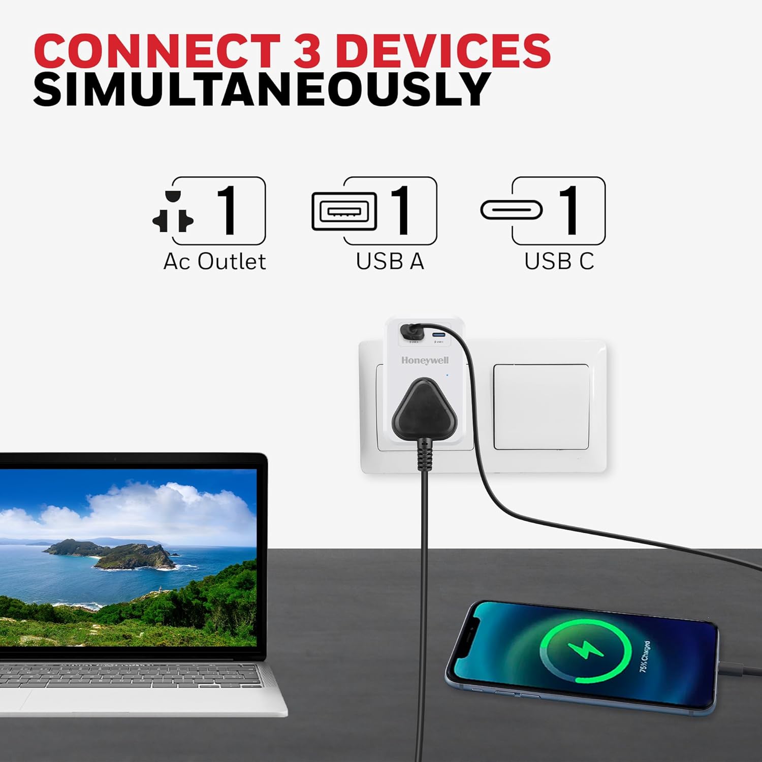 Honeywell 1 Out Surge Cube, Spike Guard, 1 Outlet, PD20W & USB  A Port, 255 Joules, Charge On The Go, Device Secure Warranty, Automatic Overload Protection- White