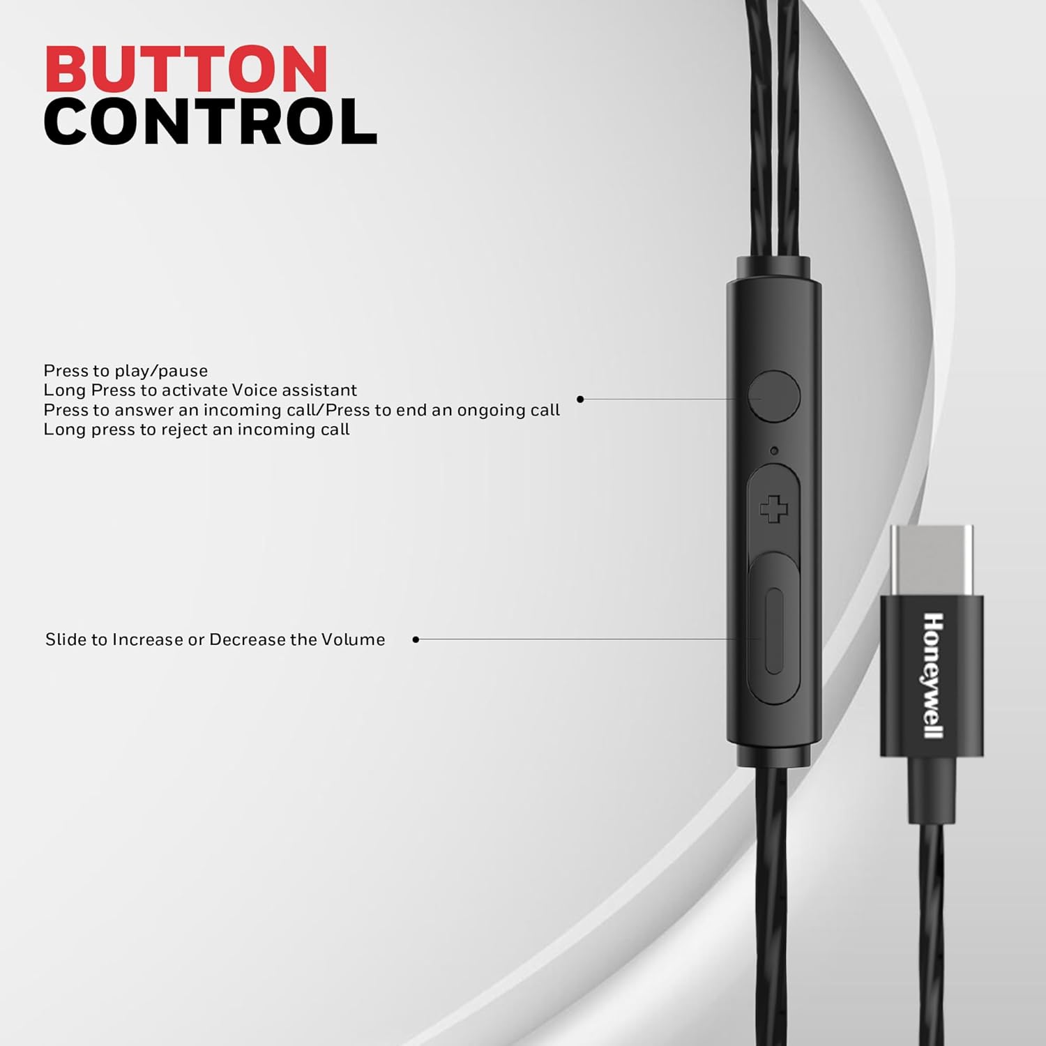 Honeywell Suono P60 Wired Earphones with built in Mic, Passive Noise Cancellation, Type C Compatible, Voice Assistant Enabled, 1.2 Mtr- Black