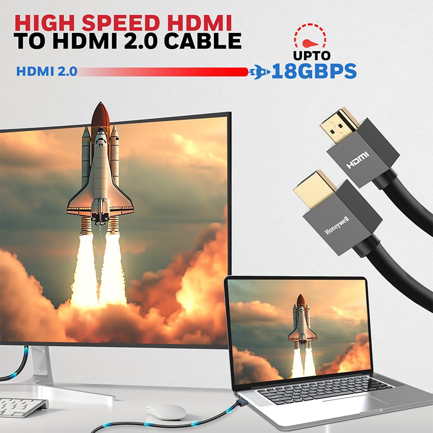 Honeywell HDMI Cable v2.0 with Ethernet, 3D/4K@60Hz Ultra HD Resolution, 5 Mtr(16.4ft), Compatible with all HDMI Devices Laptop Desktop TV Set-top Box Gaming Console