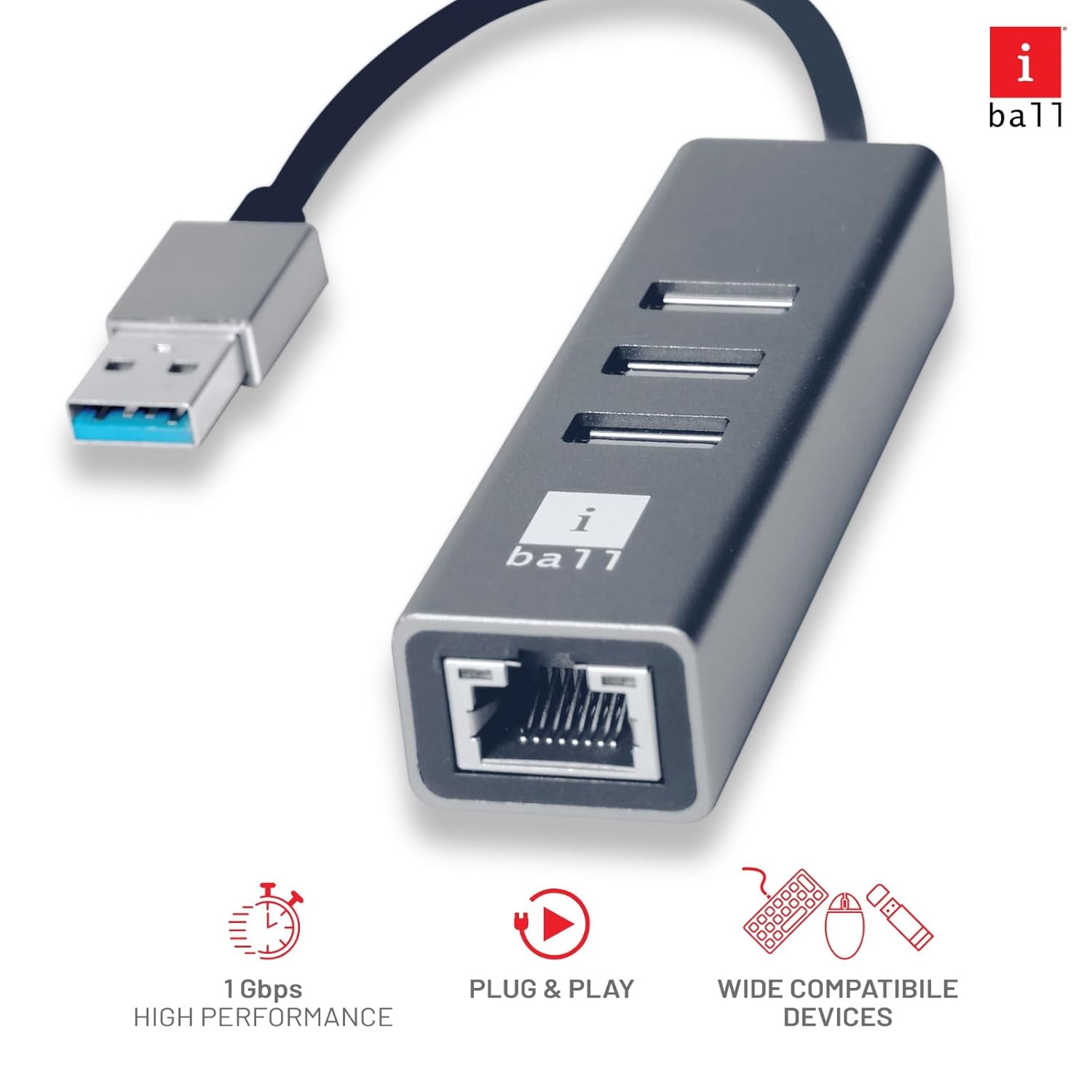 iBall Bridge 400 USB 3.0 Hub + Gigabit Multifunctional Adapter, 4-in-1, USB 3.0 x 3-Ports Hub with 1000 Mbps Ethernet Port