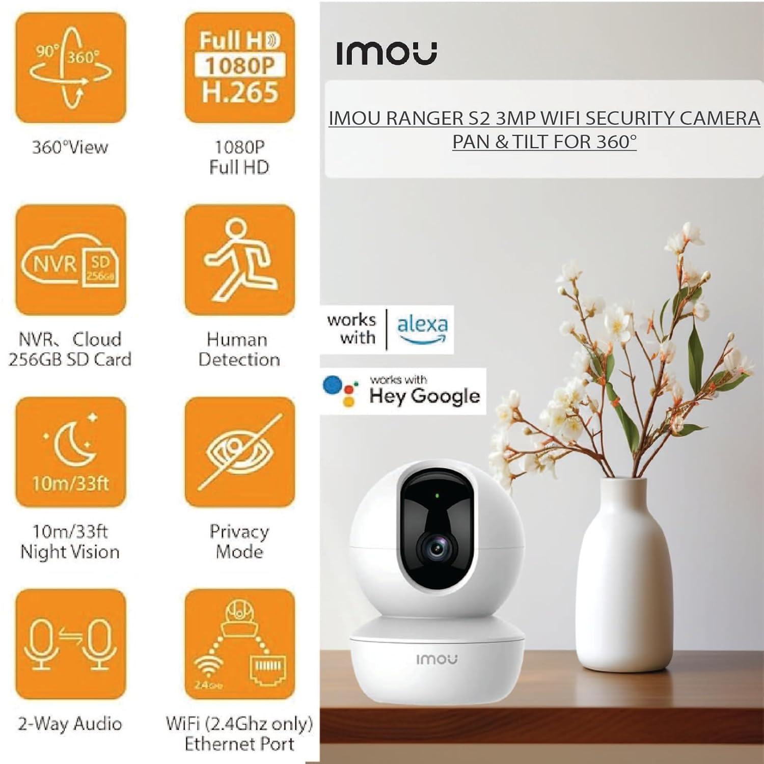 Imou Ranger S2 3MP WiFi Security Camera, Pan & Tilt for 360°, Human Detection, Smart Tracking, 2-Way Audio, Night Vision, IPC-DK2-3H1W, White