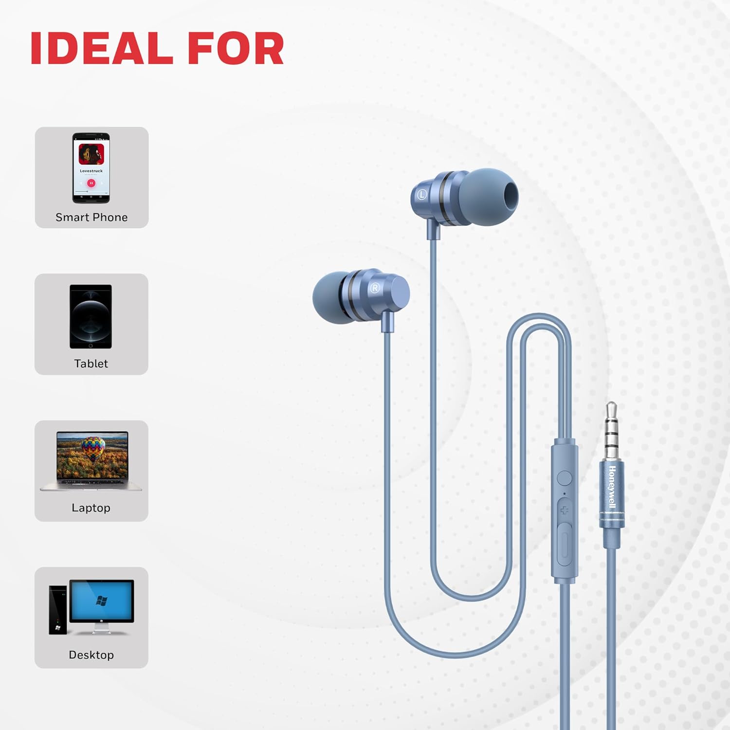 Honeywell Moxie V50 Wired Earphones with built in Mic, 10mm*2 drivers, Passive Noise Cancellation, 3.5mm AUX, Voice Assistant Enabled, 1.2 Mtr- Blue
