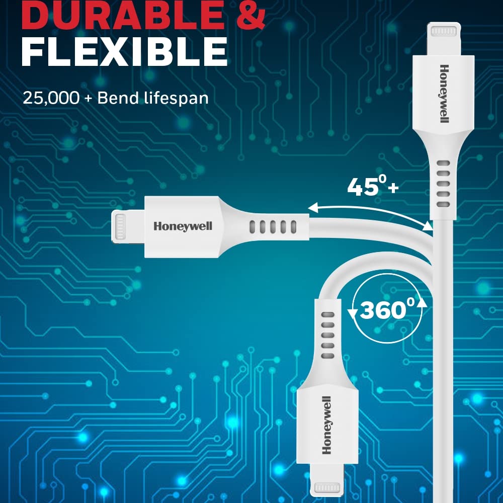 Honeywell USB to iPhone (MFI) Lightning Silicone cable, 6 Feet (1.8M), QC 3.0, 2.4A Max Output, Fast Charge & Sync Cable for iPhone,iPad, Airpods, iPod - White