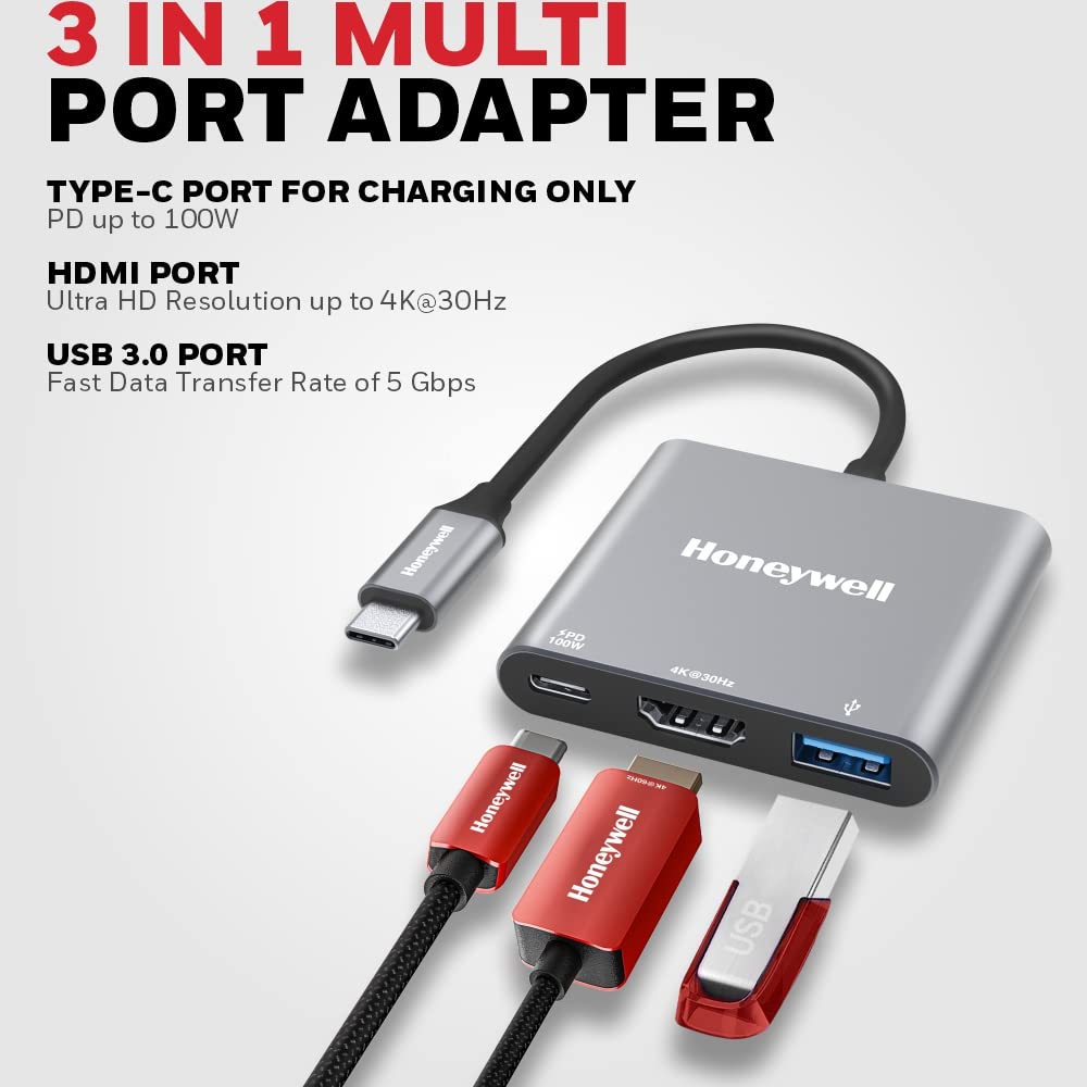 Honeywell High-Speed 3-in-1 Type C to HDMI Adapter, PD Charging Upto100W, Universally Compatible with All Type C Devices, Aluminium Case- Grey