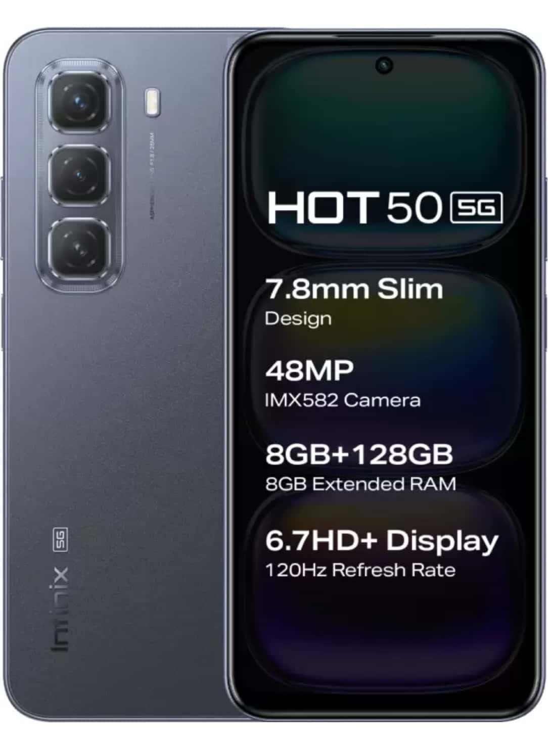 Infinix Hot 50 5G Smart Phone X6720, (Sleek Black, 128 GB) (8 GB RAM) Main Camera 48MP and 8MP Front, 17.02 cm (6.7 inch) HD+ Display