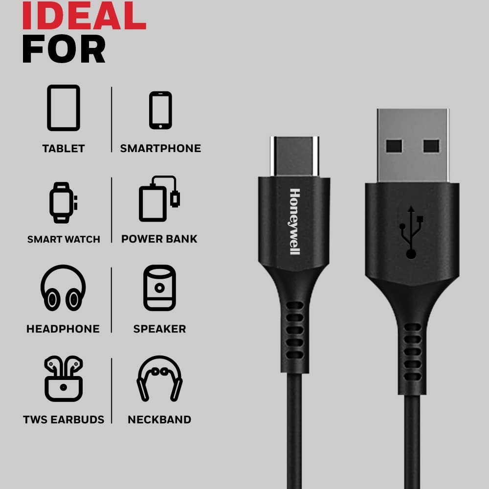 Honeywell USB 2.0 To Type C Cable (Black), PD 60W, QC 3.0, Fast Charge & Sync Cable, Ultra Soft Silicone cable for Smartphone, Laptop,Power Bank, Tablet- 6 Feet (1.8M)