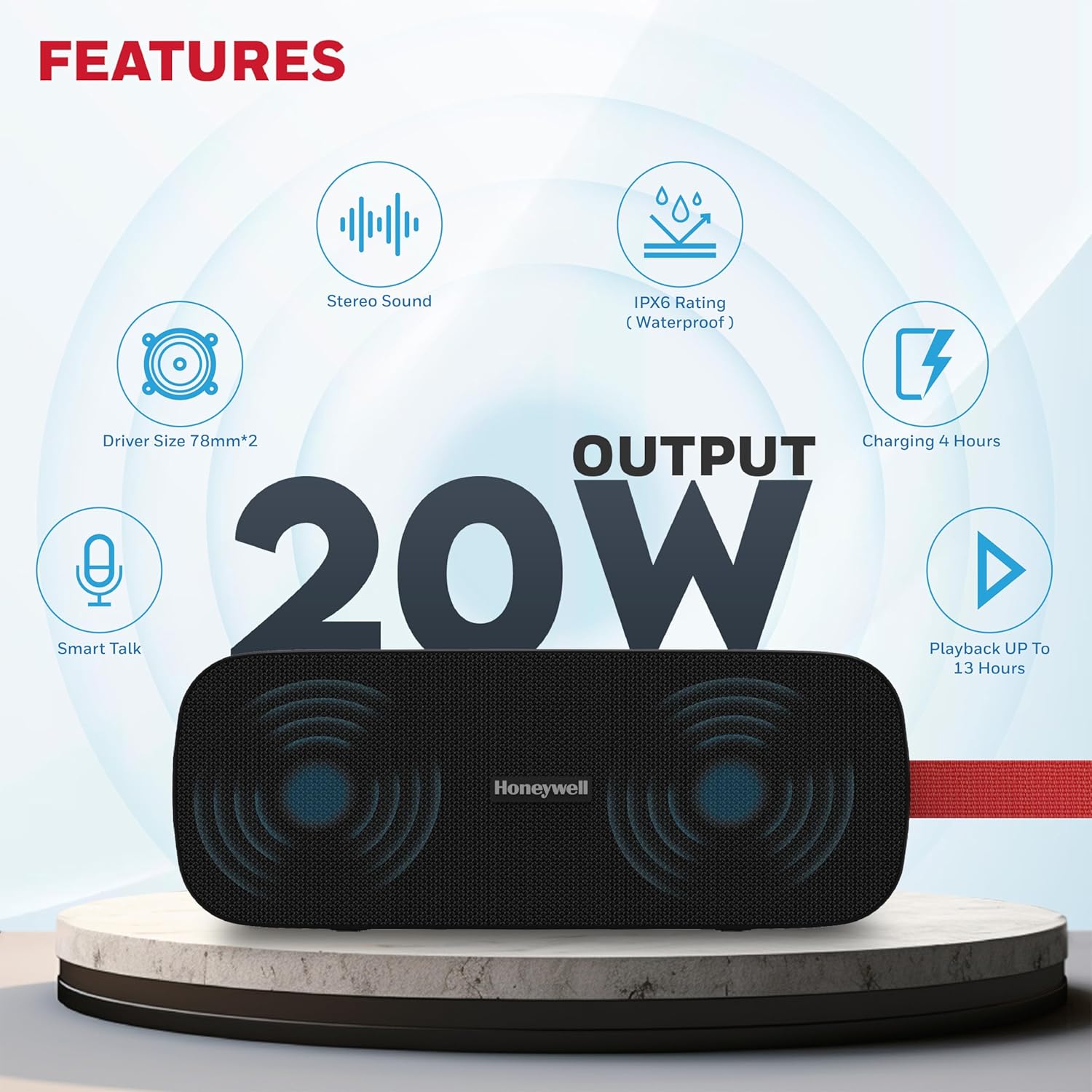 Honeywell Trueno U300 20W 5.3 Bluetooth Speaker,Deep Bass Radiators,13H Playtime,IPX 6,TWS Feature,SD Card,USB Type-C Port,AUX,Built-in Mic - Black