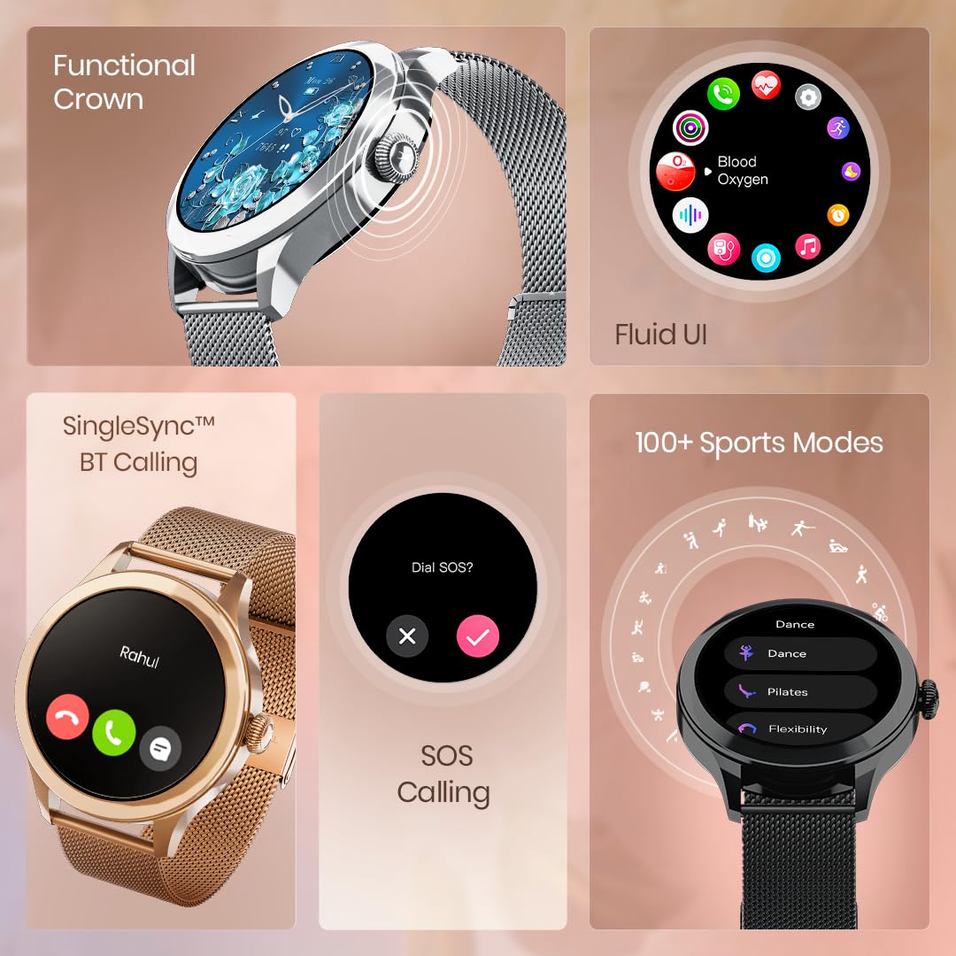 Fastrack Noir Pro Smart Watch with 1.19"Inch Super AMOLED Display, SOS, BT Calling, Female Health Monitor, IP68, 5-Day Battery- Rosegold