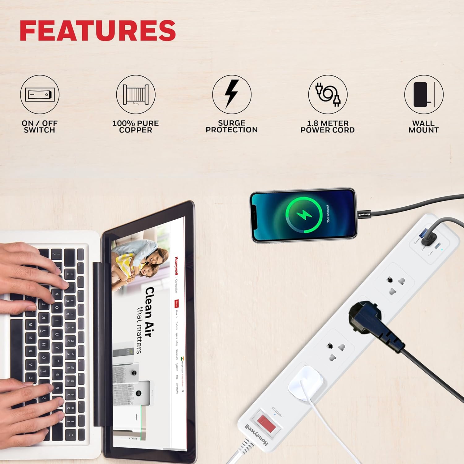 Honeywell 4 Out Surge Protector with Master Switch, Spike Guard/Extension board, 4 Outlet, PD20W & 2xUSB, 471 Joules, 1.8 Meter Cord, DSW, Automatic Overload Protection- White