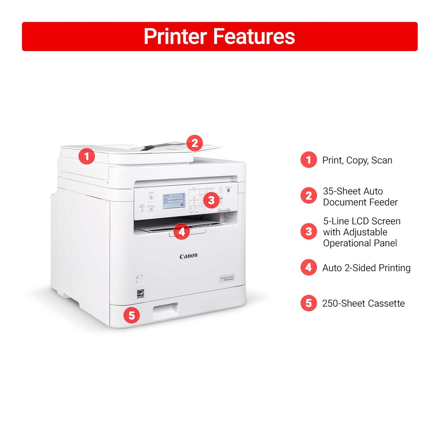 Canon MF284DW imageCLASS Multifunction Wireless Laser Printer, Monochrome, Duplex, Print, Copy, Scan, Auto Document Feeder- White