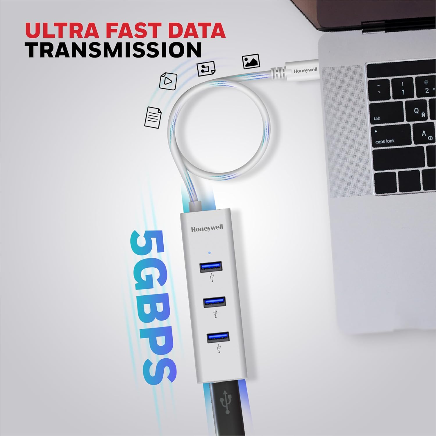 Honeywell Momentum Type C to 4Xusb 3.0 Hub, Super-Fast Transmission Speed 5Gbps, Max Current 900Ma Per Port, Compatible with All Type C- MacBook, Laptop, Pc, Printer, Mobiles, Keyboard White