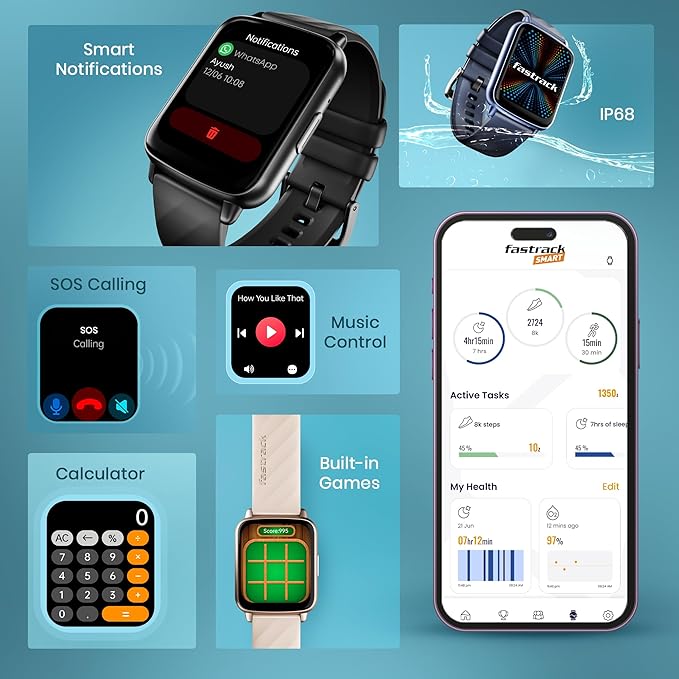 Fastrack Jupiter S1 Smart Watch with 1.83” TFT Display, 100+ Sports Modes & Smartwatch Faces, Upto 5 Day Battery, IP68- Black