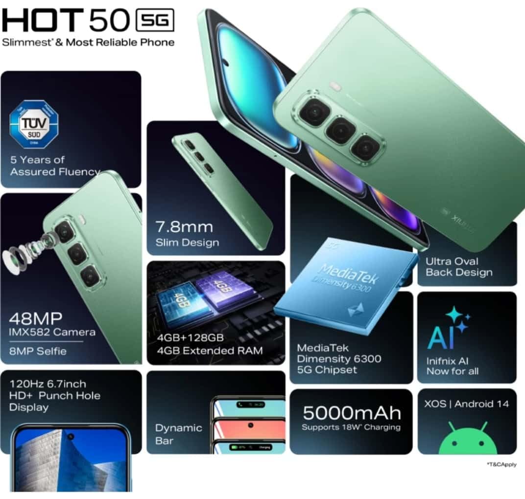 Infinix Hot 50 5G Smart Phone X6720, (Sage Green, 128 GB) (8 GB RAM) Main Camera 48MP and 8MP Front, 17.02 cm (6.7 inch) HD+ Display