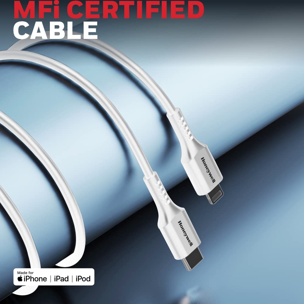 Honeywell Type C to iPhone Lightning Silicone cable MFI-certified, QC 3.0, PD 87W with Max Output 3A,Fast Charge & Sync Cable for iPhone- 6 Feet (1.8M)- White