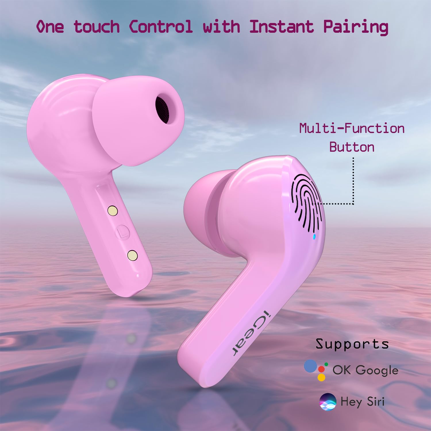 iGear Crystal iG-1025 True Wireless Earbuds, Transparent Charging Case- Blush Pink