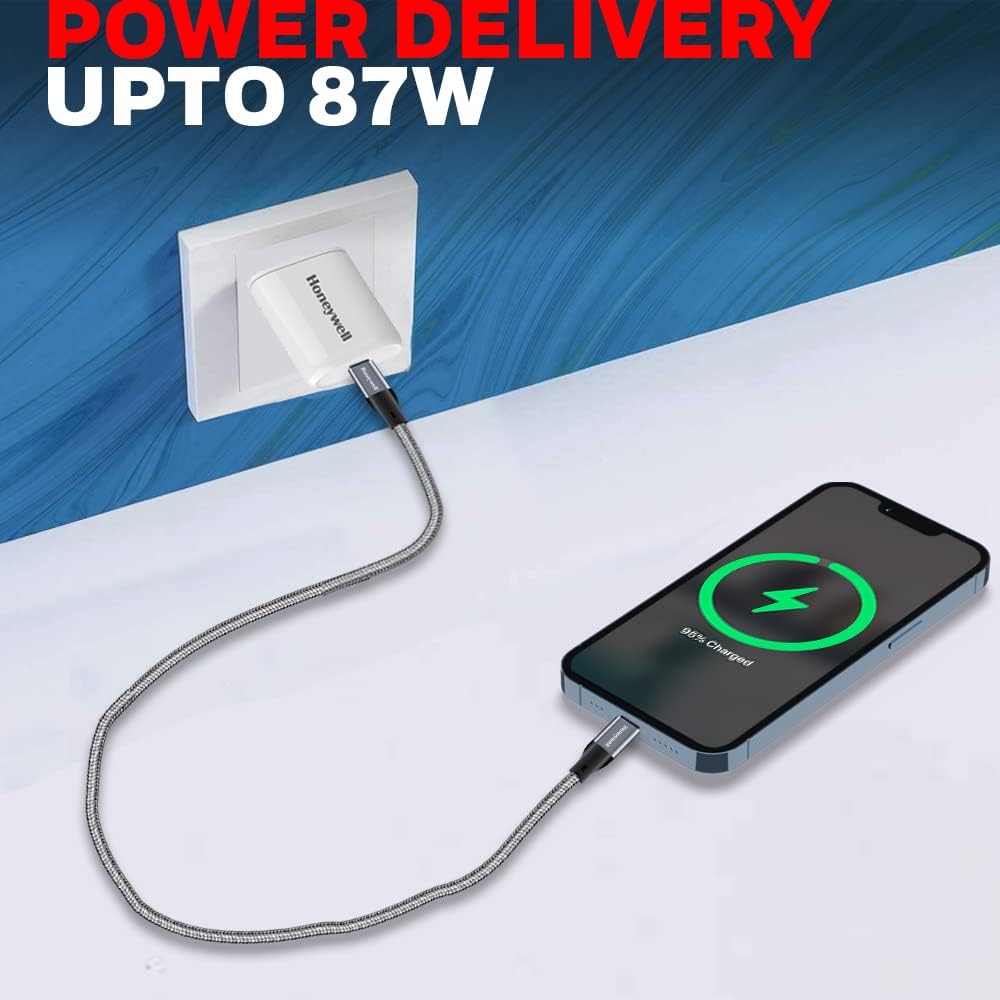Honeywell Type C To iPhone Lightning Apple Certified(MFI) with 1.2Mtr/4FT Cable, Fast Charging PD87W & 480MBPS Transfer Speed, Braided charge & sync cable for iPhone, iPad, Airpods -Grey