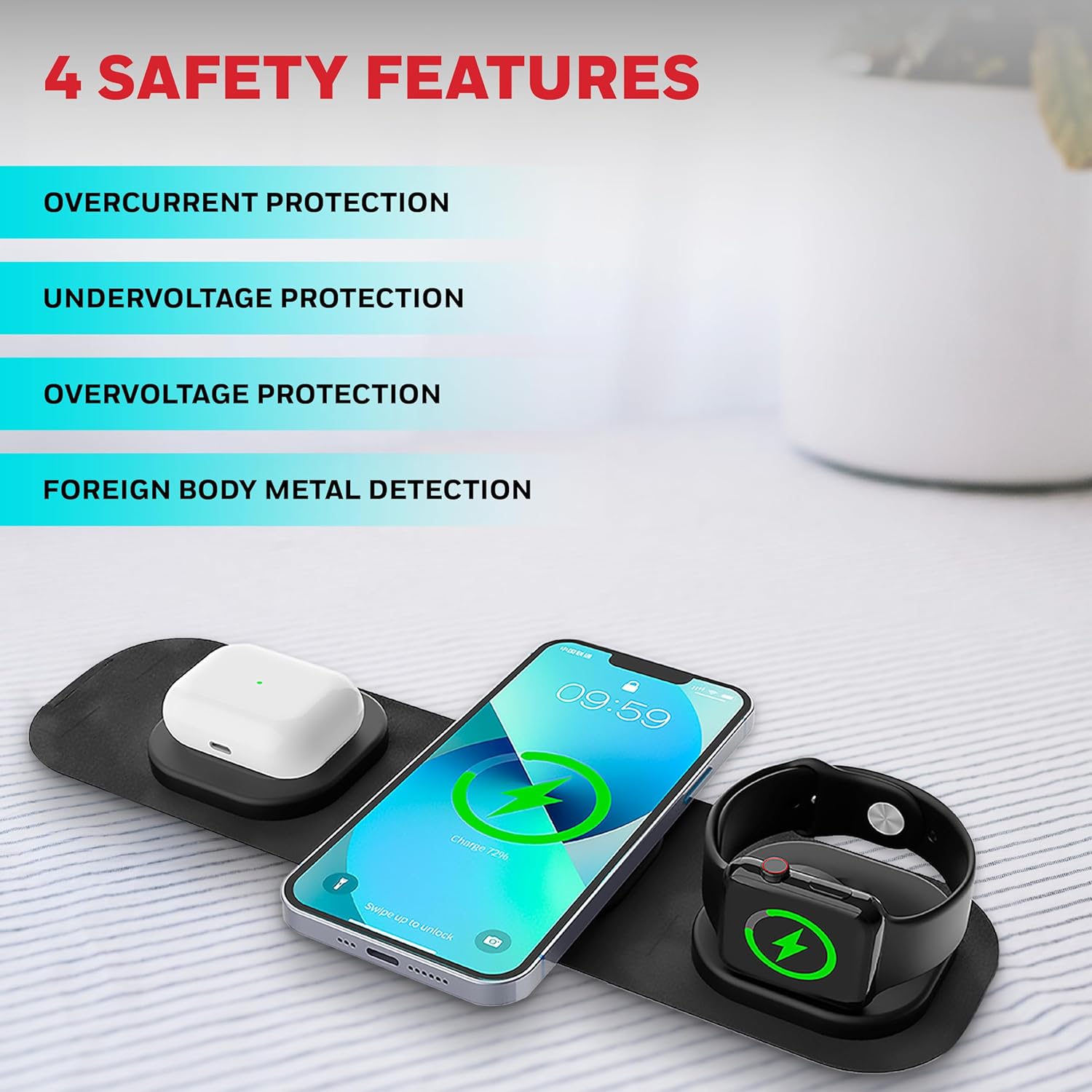 Honeywell Zest Wireless 3-in-1 Magnetic Foldable MagSafe Compatible 23W Wireless Charger for iPhone 12-15, Supports QC 3.0, All Apple Watch Series