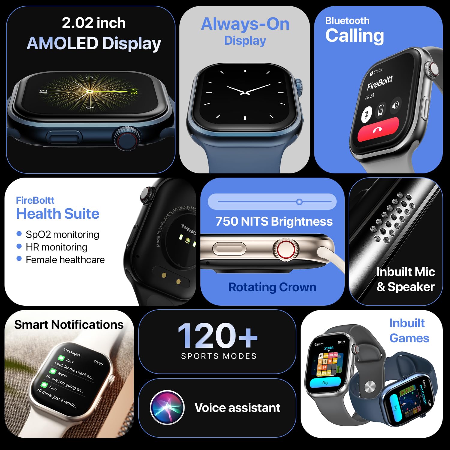 Fire Boltt Brillia Smart Watch(BSW215) with 51.3mm (2.02 inch) AMOLED Display, Bluetooth Calling, 120+ Sports Modes, IP67 Waterproof- Blue