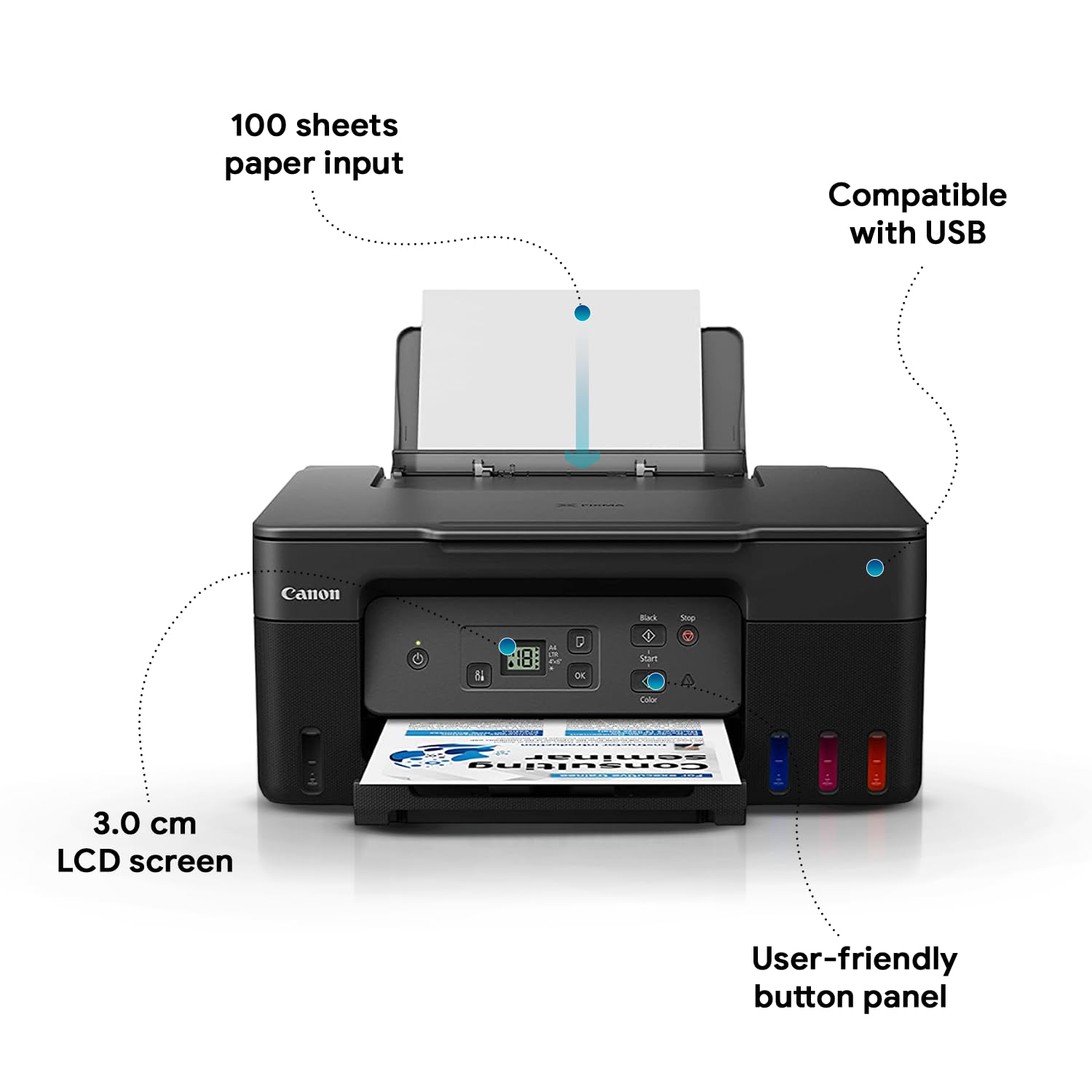 Canon G2770 Pixma MegaTank  All-in-one Inktank Colour Printer,Display Screen, Refillable Ink Tank, Borderless Printing- Black