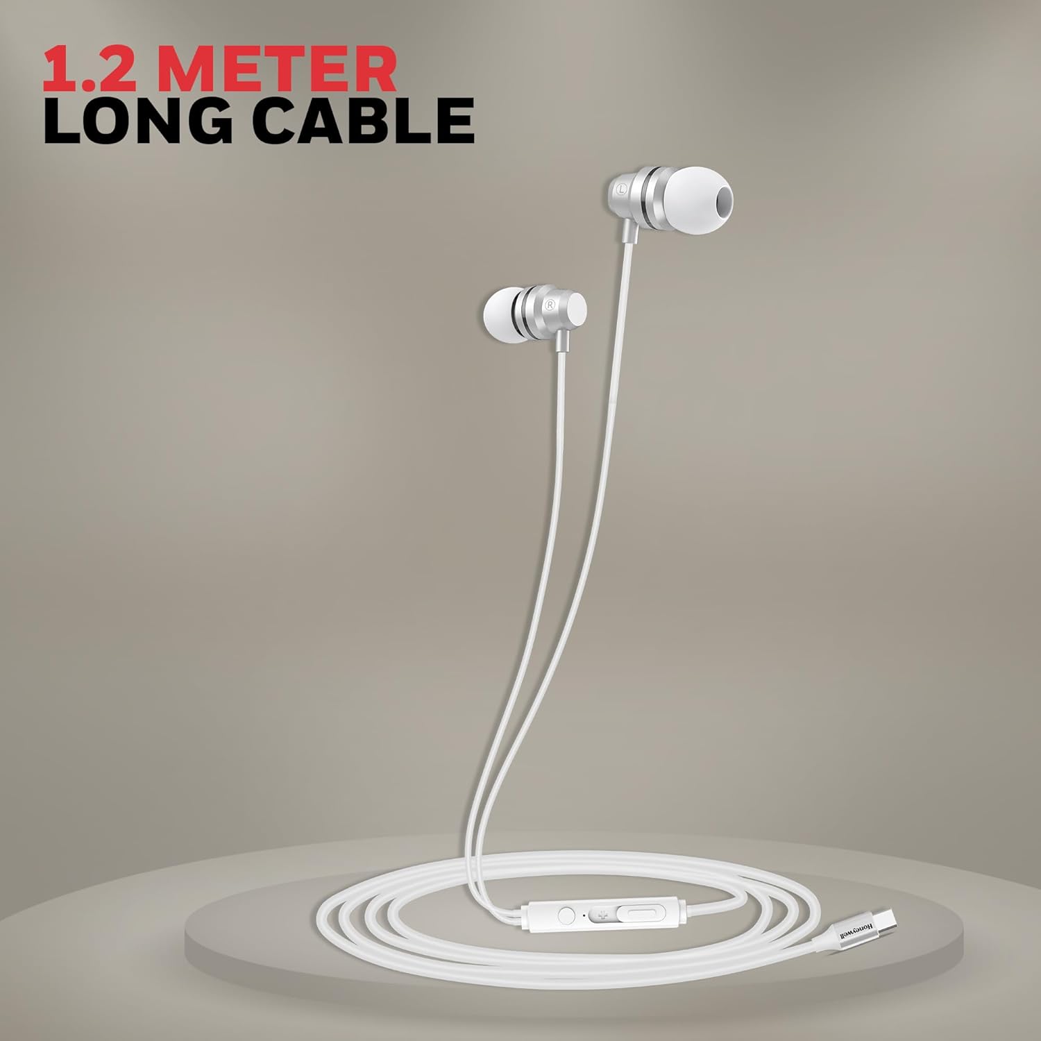 Honeywell Suono P60 Wired Earphones with built in Mic, Passive Noise Cancellation, Type C Compatible, Voice Assistant Enabled, 1.2 Mtr- White