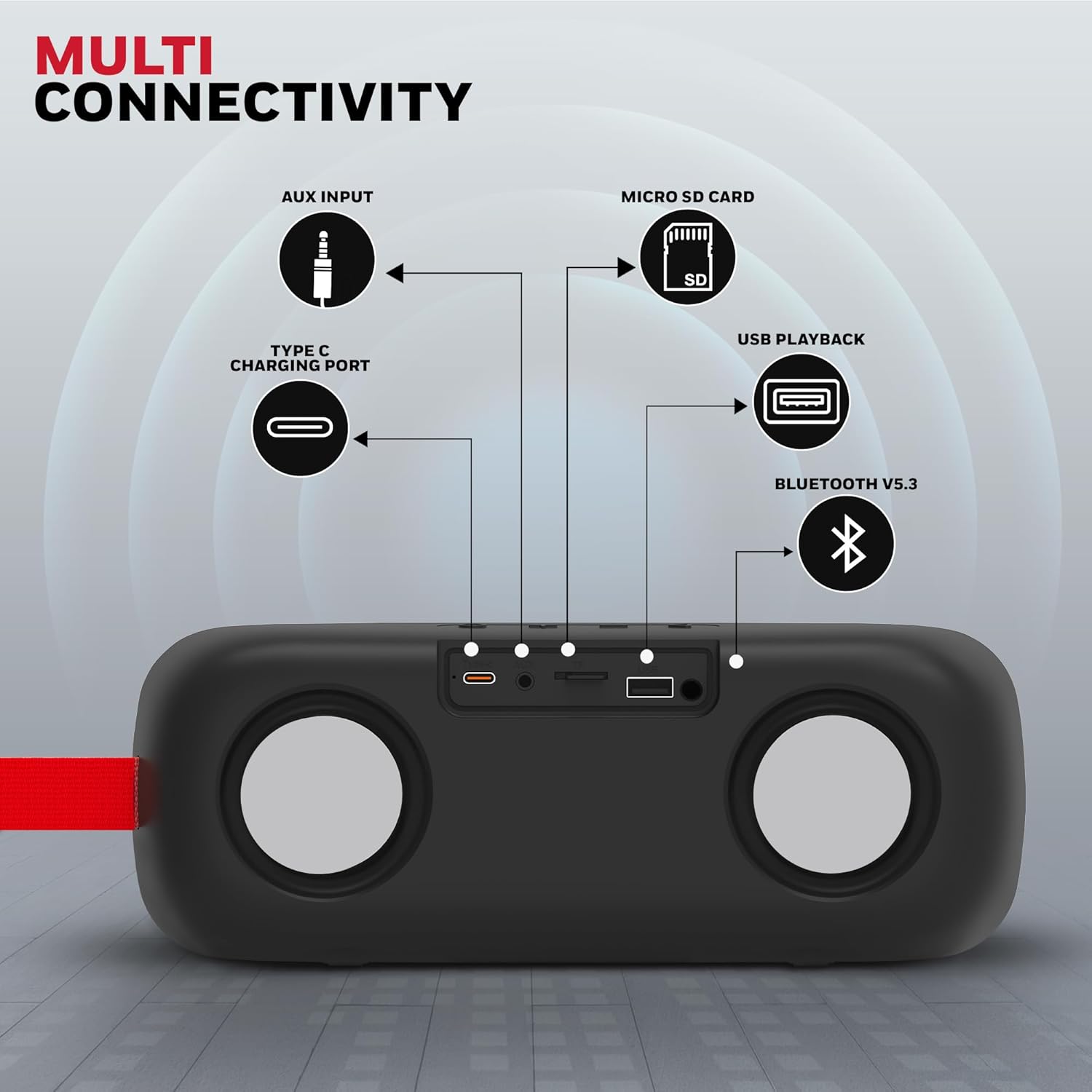 Honeywell Trueno U300 20W 5.3 Bluetooth Speaker,Deep Bass Radiators,13H Playtime,IPX 6,TWS Feature,SD Card,USB Type-C Port,AUX,Built-in Mic - Black