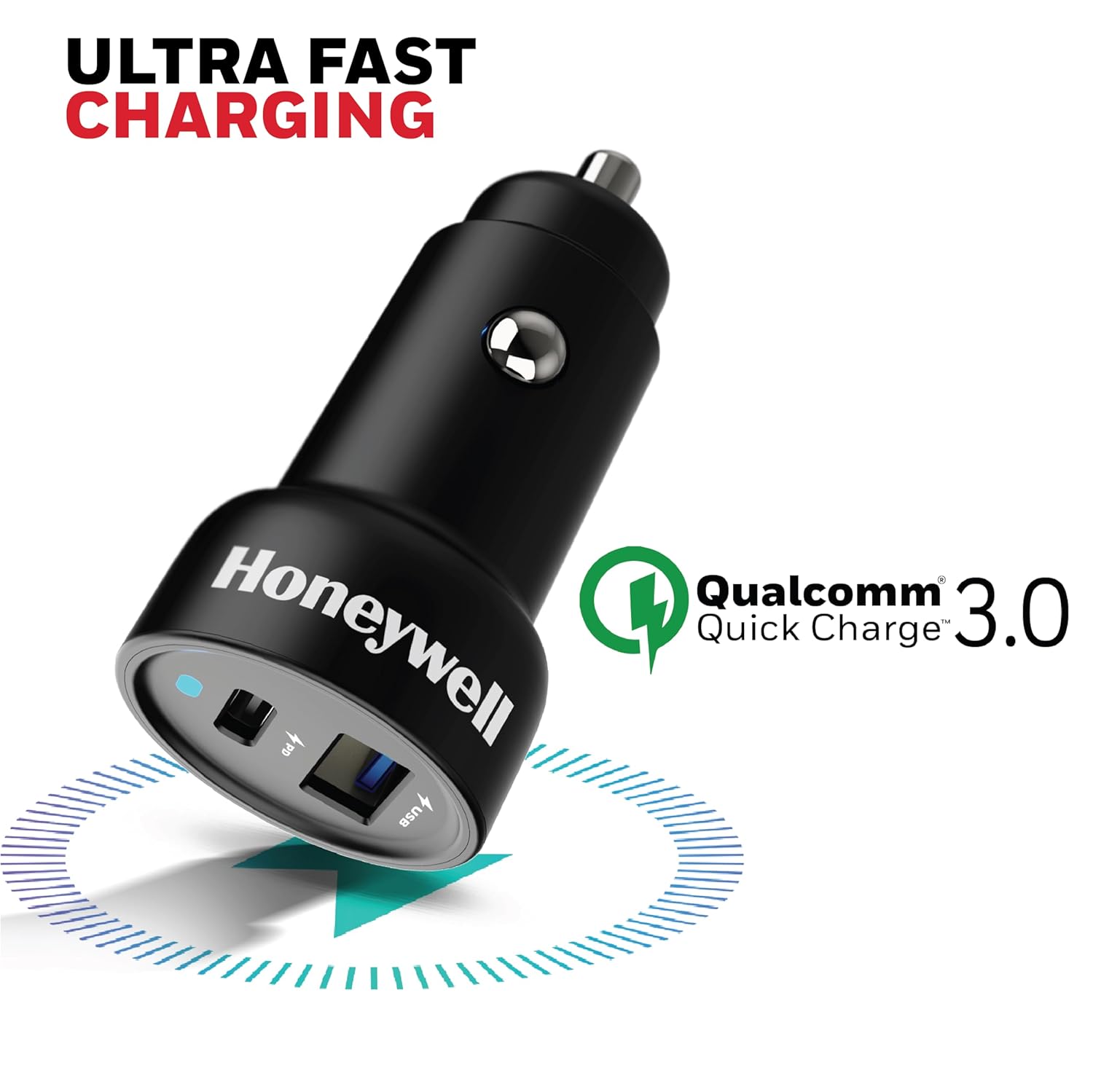 Honeywell Micro CLA 45W PD Smart Car Charger, 1X Type C and 1X USB A Port, Ultra-Fast Charging, Car Adapter for iPhone and Smartphones- Black