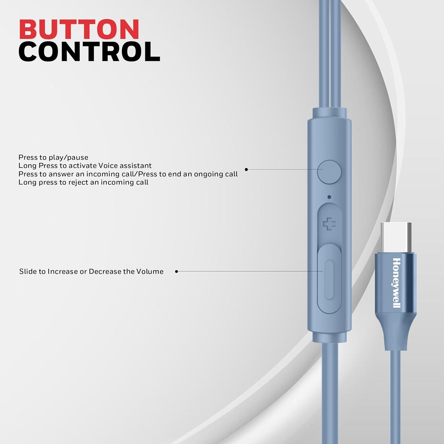 Honeywell Suono P60 Wired Earphones with built in Mic, Passive Noise Cancellation, Type C Compatible, Voice Assistant Enabled, 1.2 Mtr- Blue