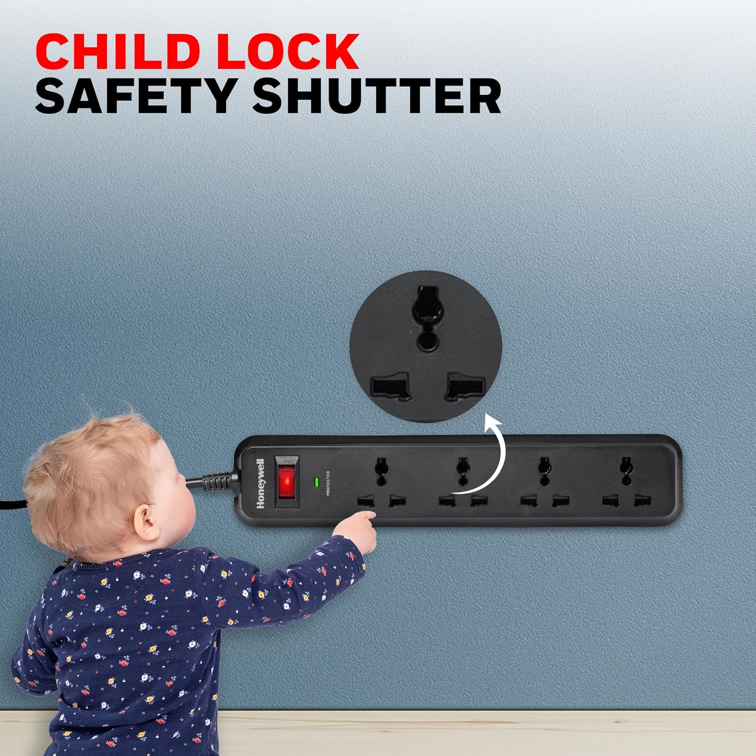 Honeywell 4 Universal Sockets Surge Protector, 2 Meter Cord, 15000Amp, Device Secure Warranty, Automatic Overload Protection, Spike Guard/Extension Board, Master Switch