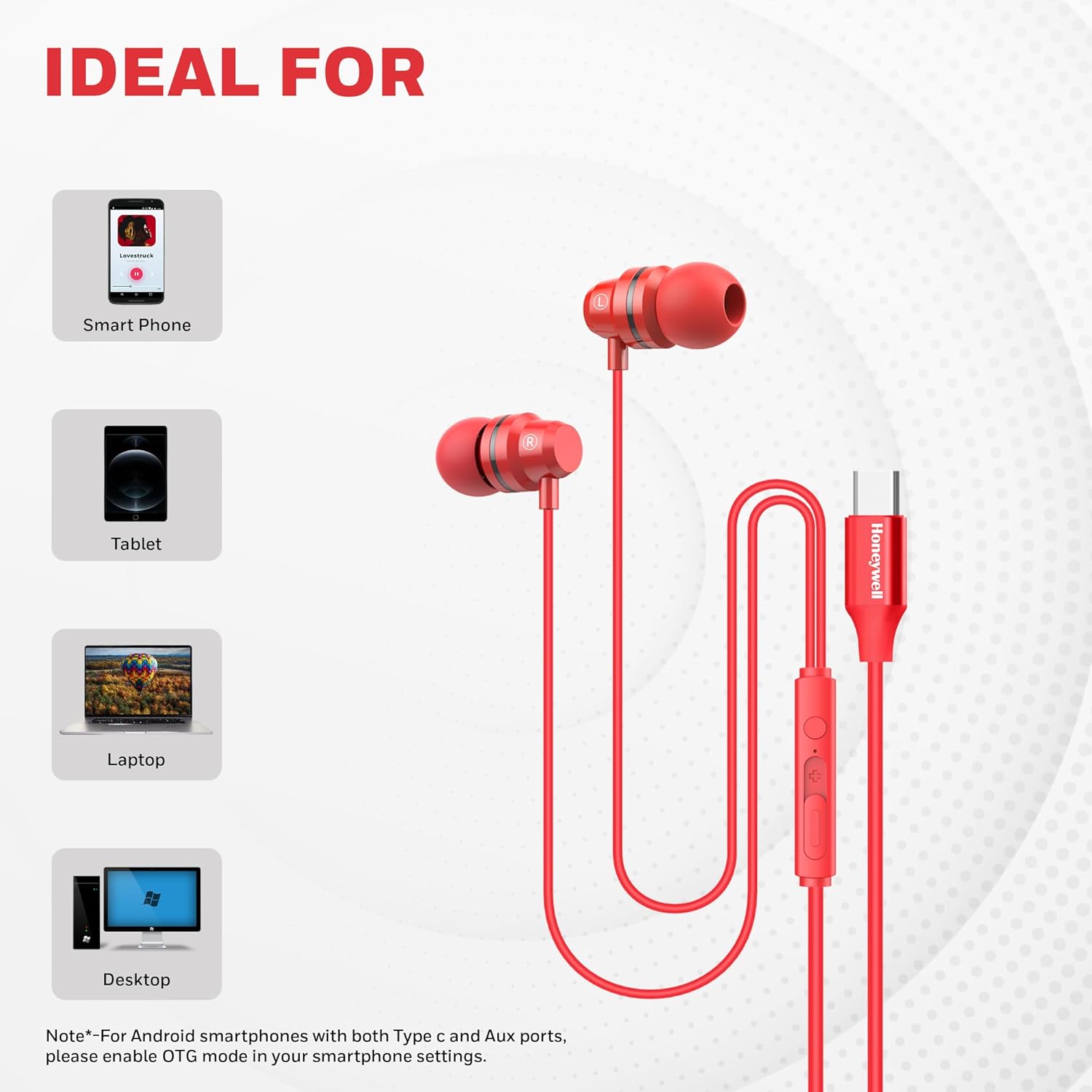 Honeywell Suono P60 Wired Earphones with built in Mic, Passive Noise Cancellation, Type C Compatible, Voice Assistant Enabled, 1.2 Mtr- Red