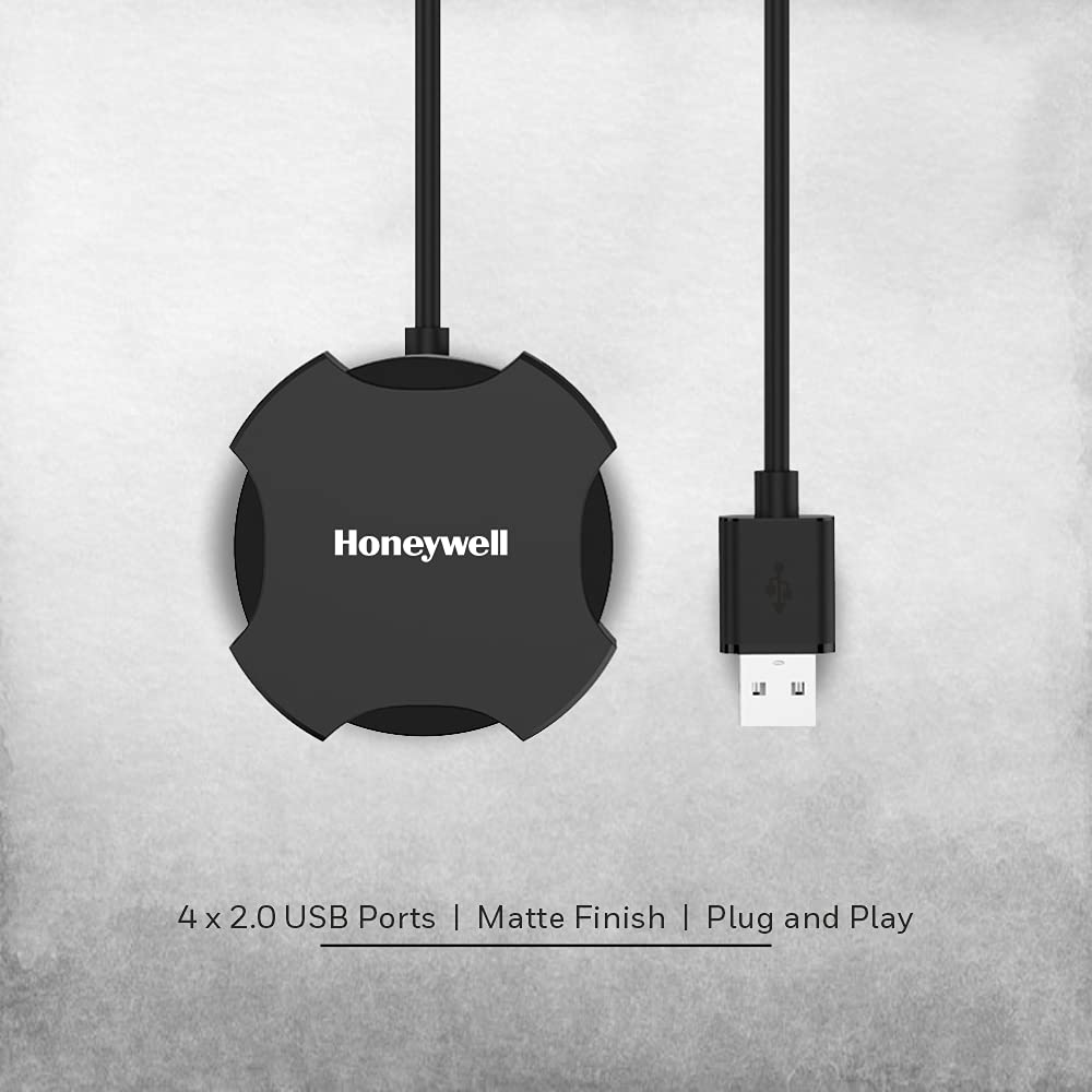 Honeywell 4 in 1 Ultra Slim USB Hub 2.0, with 1.2Meter(4 feet) Cable, with a Transfer Speed of 480MBPS, Universally Compatible with All USB PC Speaker Laptop Hard Drive Keyboard Printer Pen Drive- Black