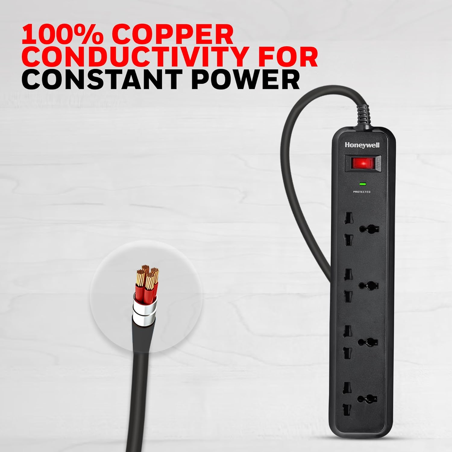 Honeywell 4 Universal Sockets Surge Protector, 2 Meter Cord, 15000Amp, Device Secure Warranty, Automatic Overload Protection, Spike Guard/Extension Board, Master Switch
