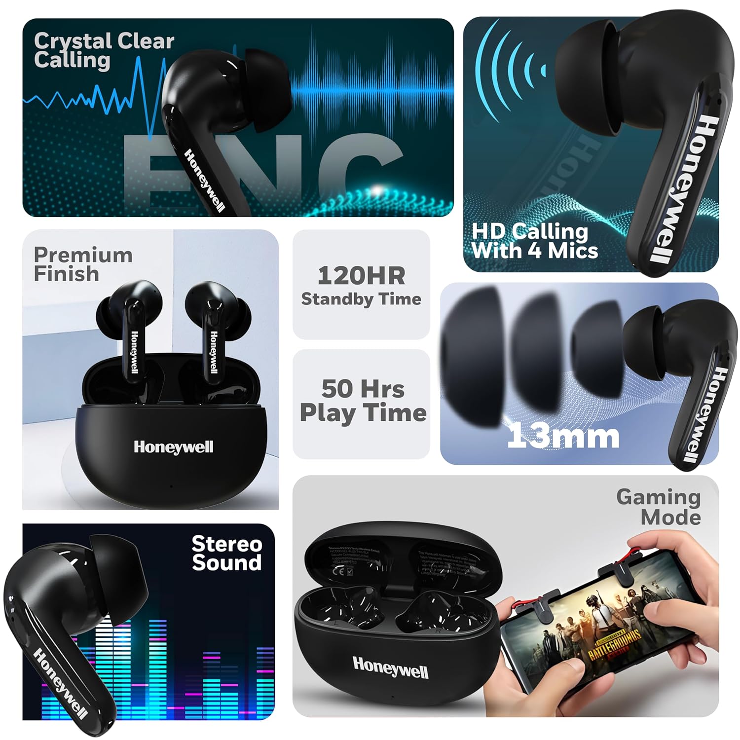 Honeywell Suono P2100 TWS Earbuds Bluetooth with 50H of Playtime, ENC Mode, 4xMics, Type C Fast Charging, Low Latency Mode for Gaming, Bluetooth V5.3- Black