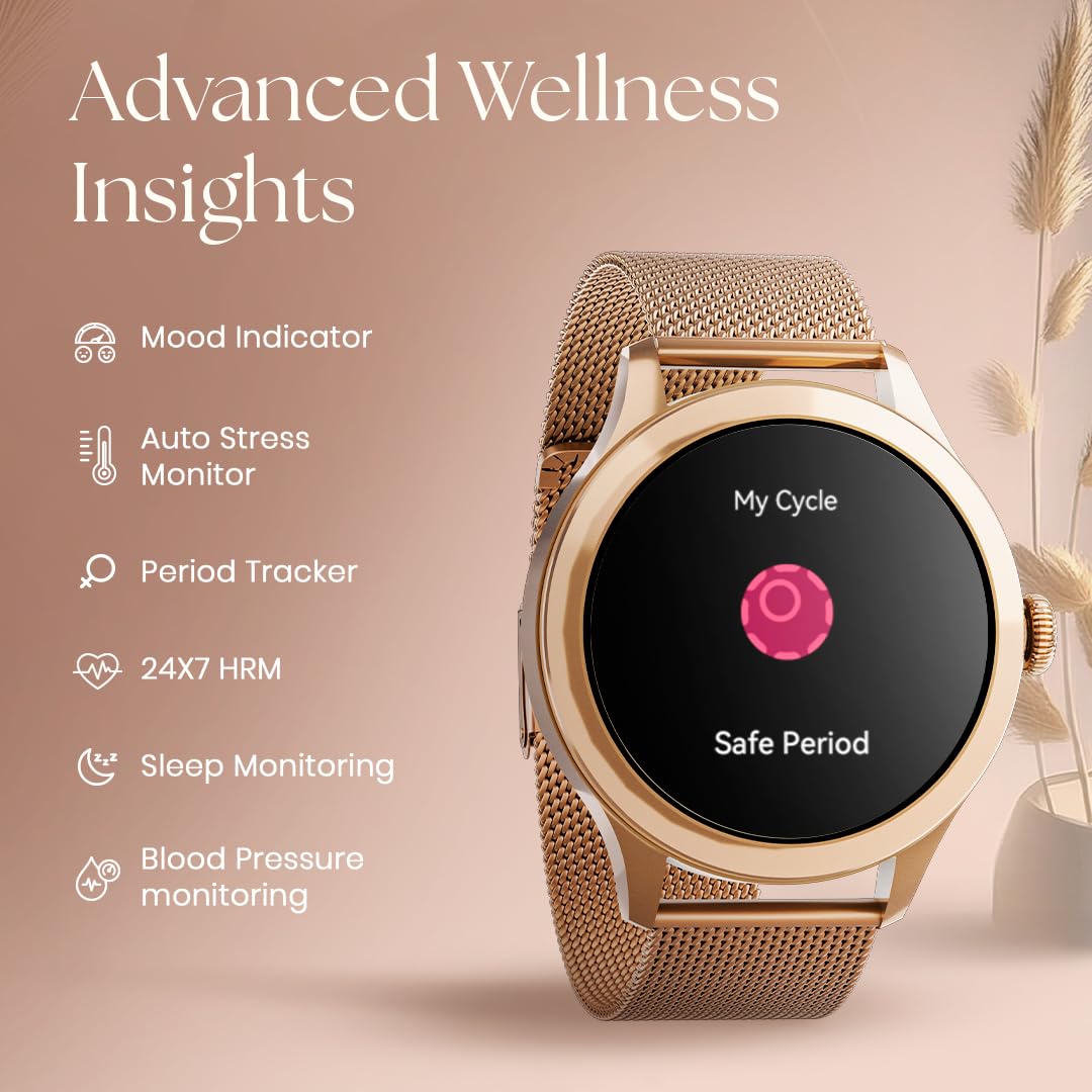 Fastrack Noir Pro Smart Watch with 1.19"Inch Super AMOLED Display, SOS, BT Calling, Female Health Monitor, IP68, 5-Day Battery- Rosegold