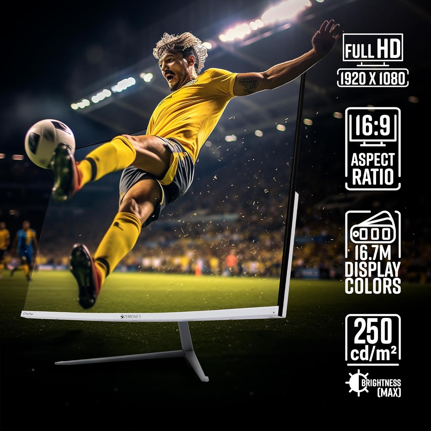 Zebronics AC32FHD 75hz LED Monitor 32 inch (81.28cm), 250 nits, 1800R Curved wide screen, FHD, 1080p, Wall Mountable, VGA, HDMI, Ultra Slim Bezel- White