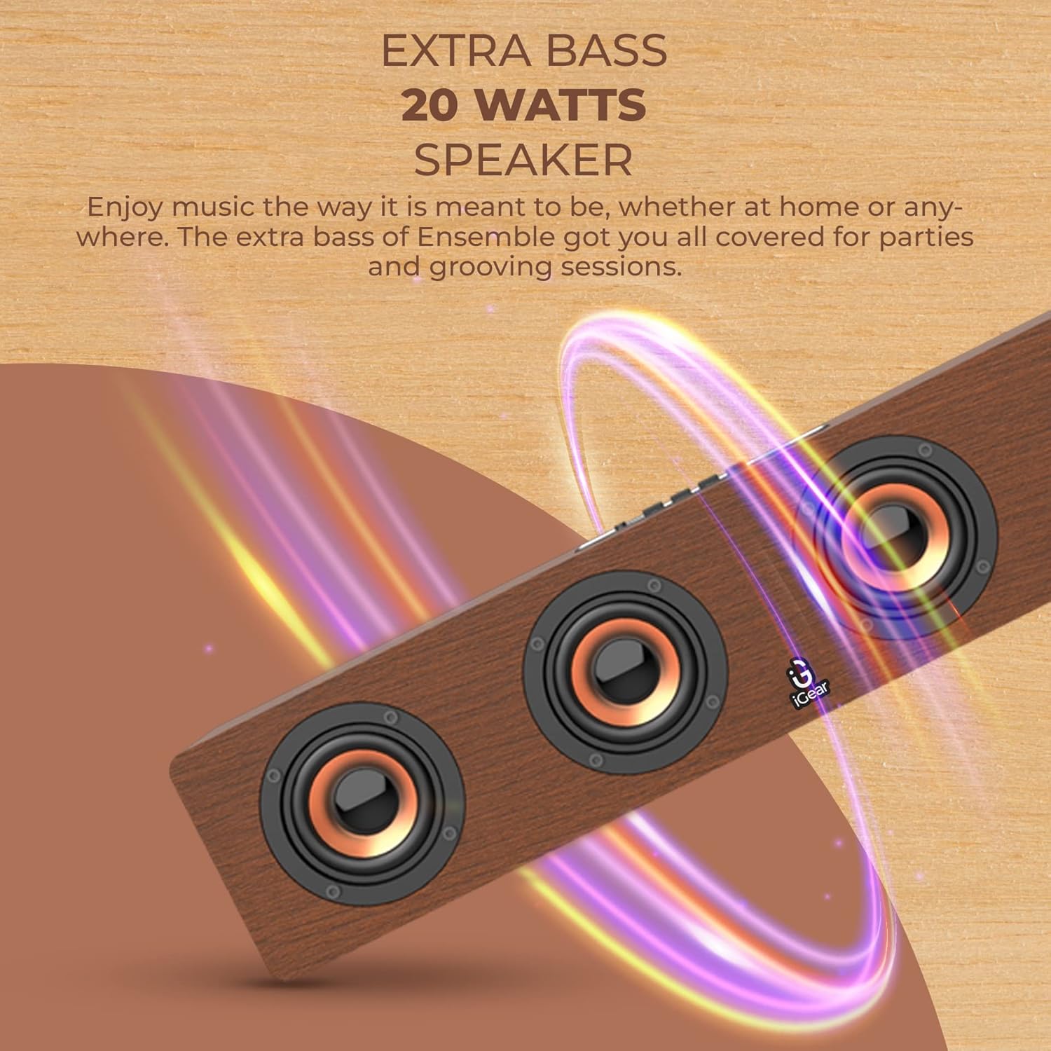 iGear Ensemble iG-1130 20watts Wooden Portable Soundbar with Bluetooth, FM Mode and Sub-woofer- Brown