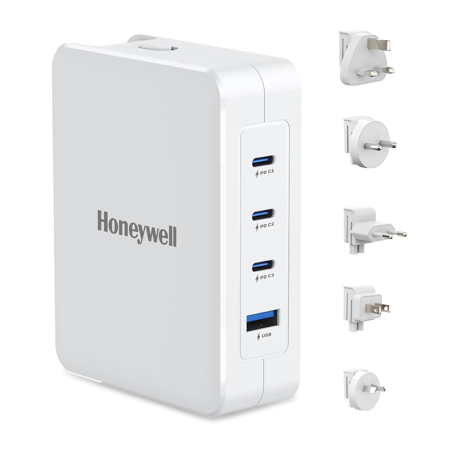 Honeywell Zest GaN 100W Charger, Ultra-Fast Wall Charger with PPS support, 3xType C PD 3.0 Ports & 1xUSB A Port, Equipped with Switchable Plugs, Compatible with All smartphones and Smartwatches- White