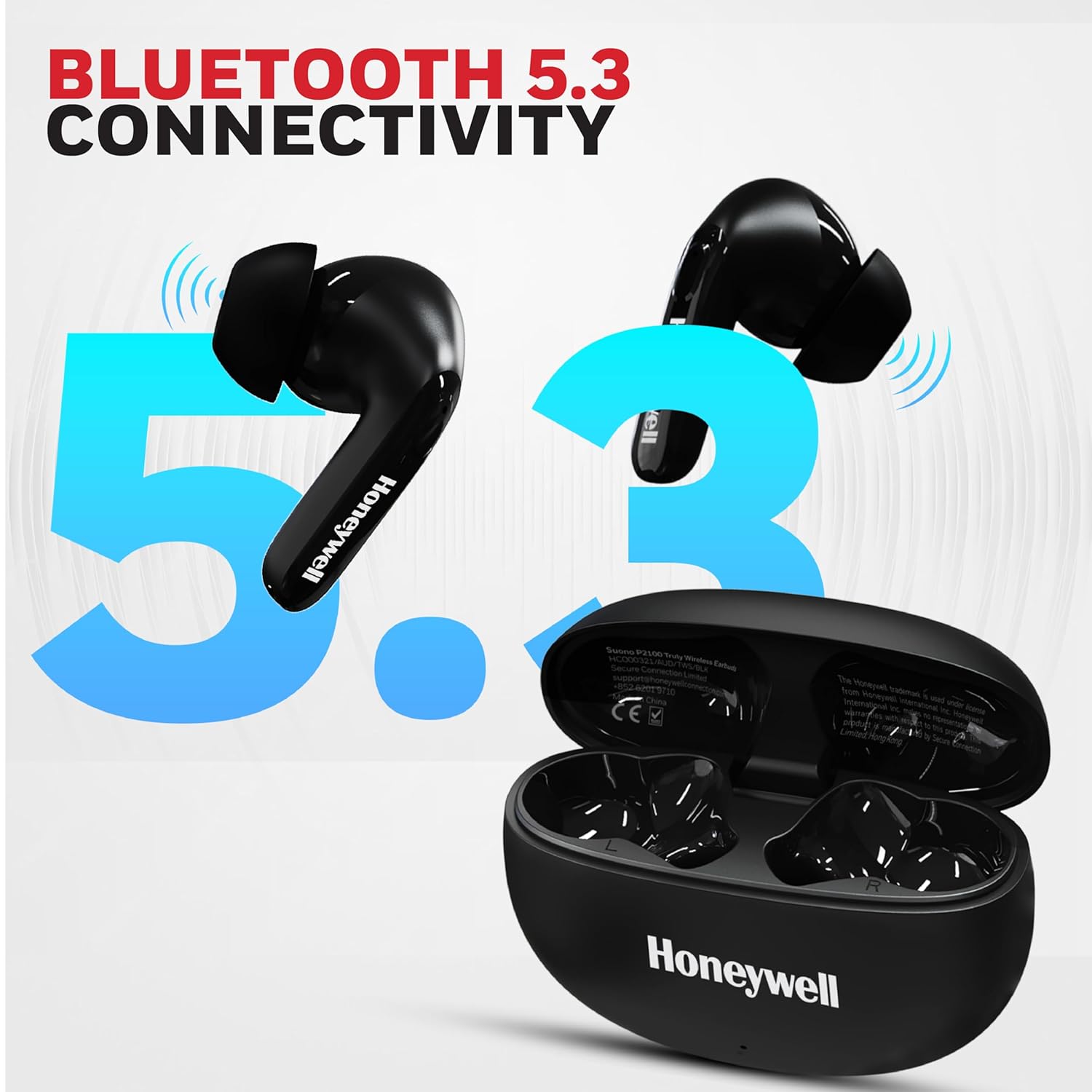 Honeywell Suono P2100 TWS Earbuds Bluetooth with 50H of Playtime, ENC Mode, 4xMics, Type C Fast Charging, Low Latency Mode for Gaming, Bluetooth V5.3- Black