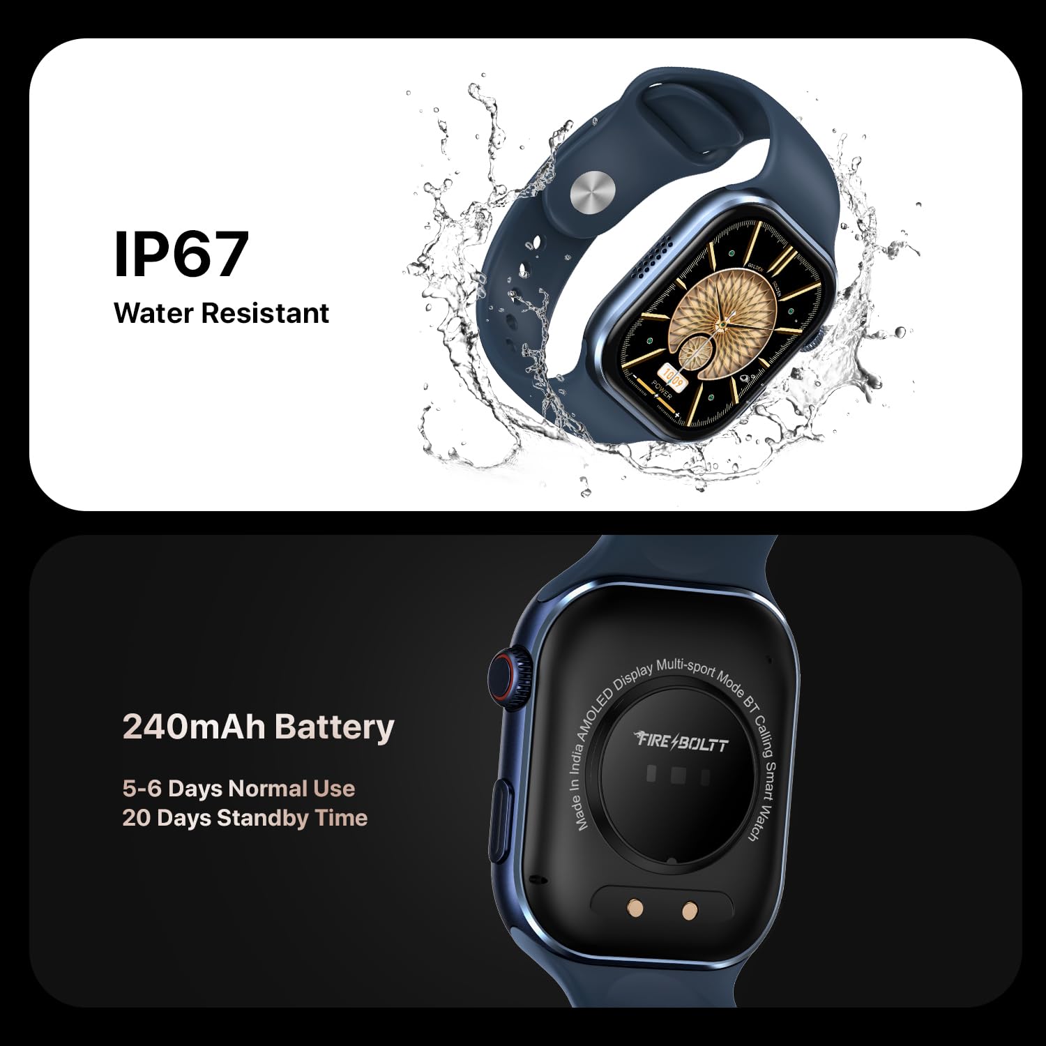 Fire Boltt Brillia Smart Watch(BSW215) with 51.3mm (2.02 inch) AMOLED Display, Bluetooth Calling, 120+ Sports Modes, IP67 Waterproof- Blue