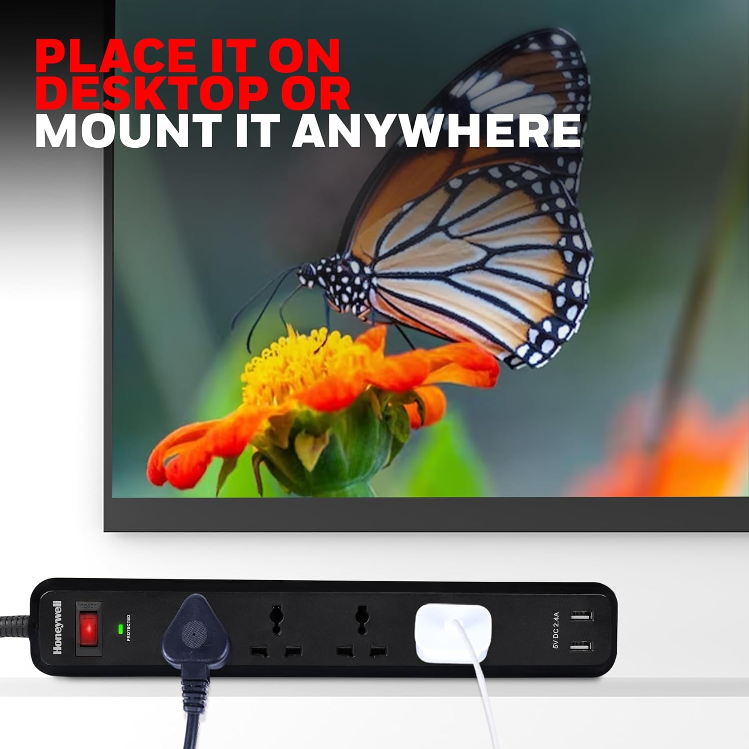 Honeywell 4 Universal Sockets Surge Protector, 2USB Ports, 2Meter,15000Amp,Device Secure Warranty,Auto Overload Protection,Spike Guard/Extension Board,Master Switch,3Year Manufacturer Warranty-Black