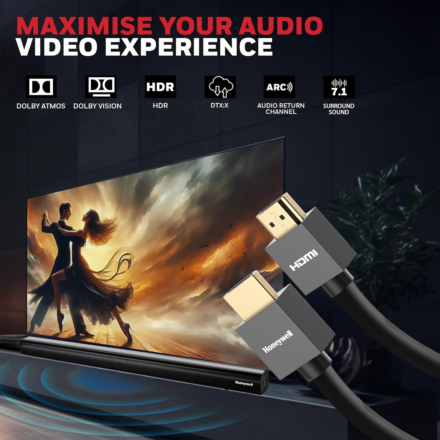 Honeywell HDMI Cable v2.0 with Ethernet, 3D/4K@60Hz Ultra HD Resolution, 2 Mtr(6.6ft), Compatible with all HDMI Devices Laptop Desktop TV Set-top Box Gaming Console